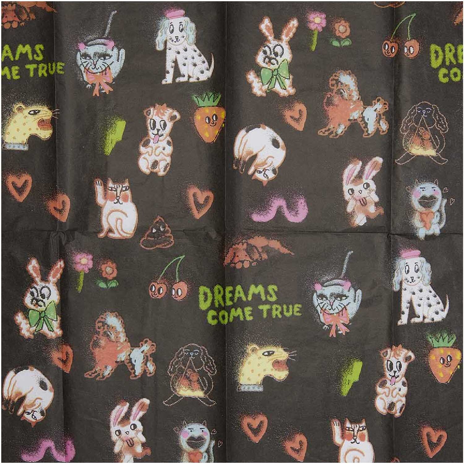 Paper Poetry Seidenpapier Airbrush 50x70cm mit bunten Cartoon-Tieren und "Dreams Come True"-Schriftzug auf schwarzem Hintergrund.