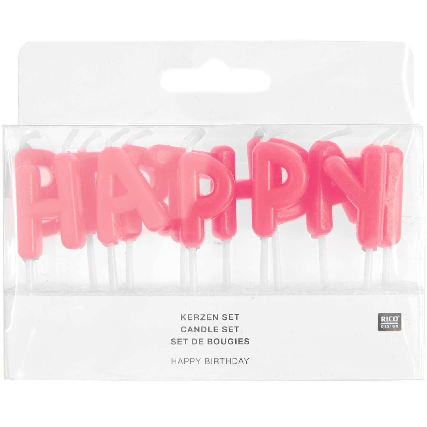 Kerzen Happy Birthday: Set aus 13 neonpinken Buchstabenkerzen von Rico Design, ideal für Geburtstagsfeiern.