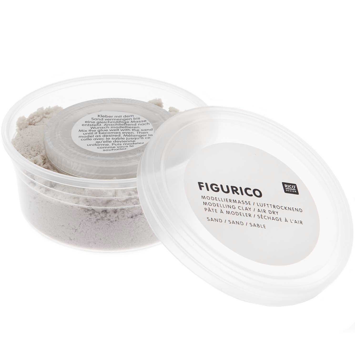 Figurico Modelliermasse Sand 105g in einem transparenten Behälter mit abnehmbarem Deckel, ideal für kreative Projekte.