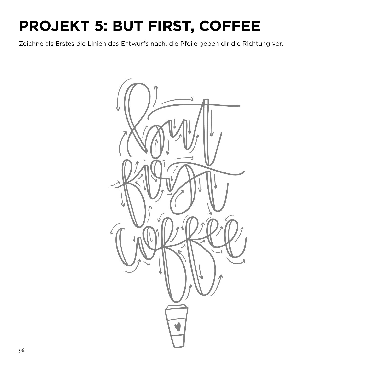 Handlettering - Dein Einstieg in die Kunst des kreativen Schreibens: Skizze "But First, Coffee" in Schwarz-Weiß mit Kaffeebecher.