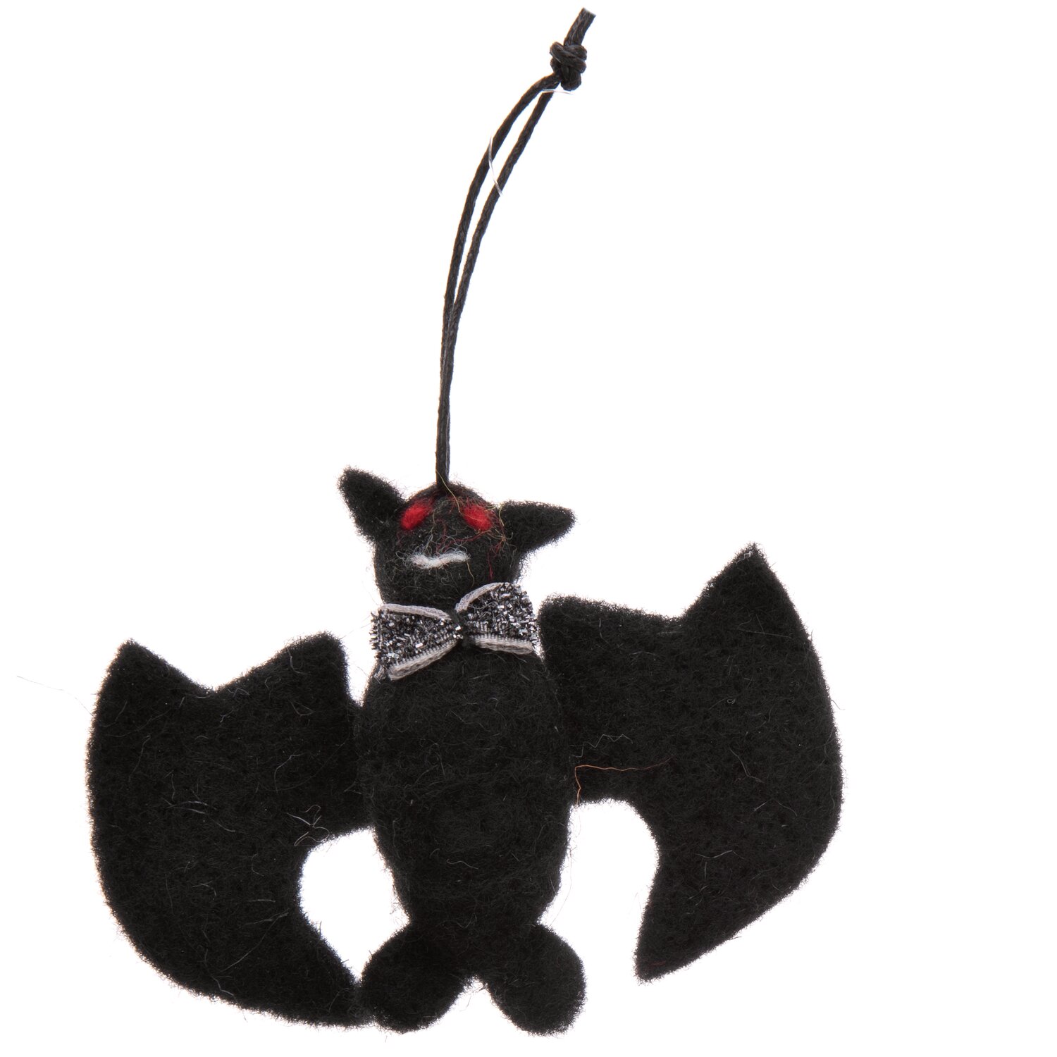 Fledermaus handgefilzt schwarz 9,5x7,5cm mit roten Augen und Schleife, ideal als Dekoration.