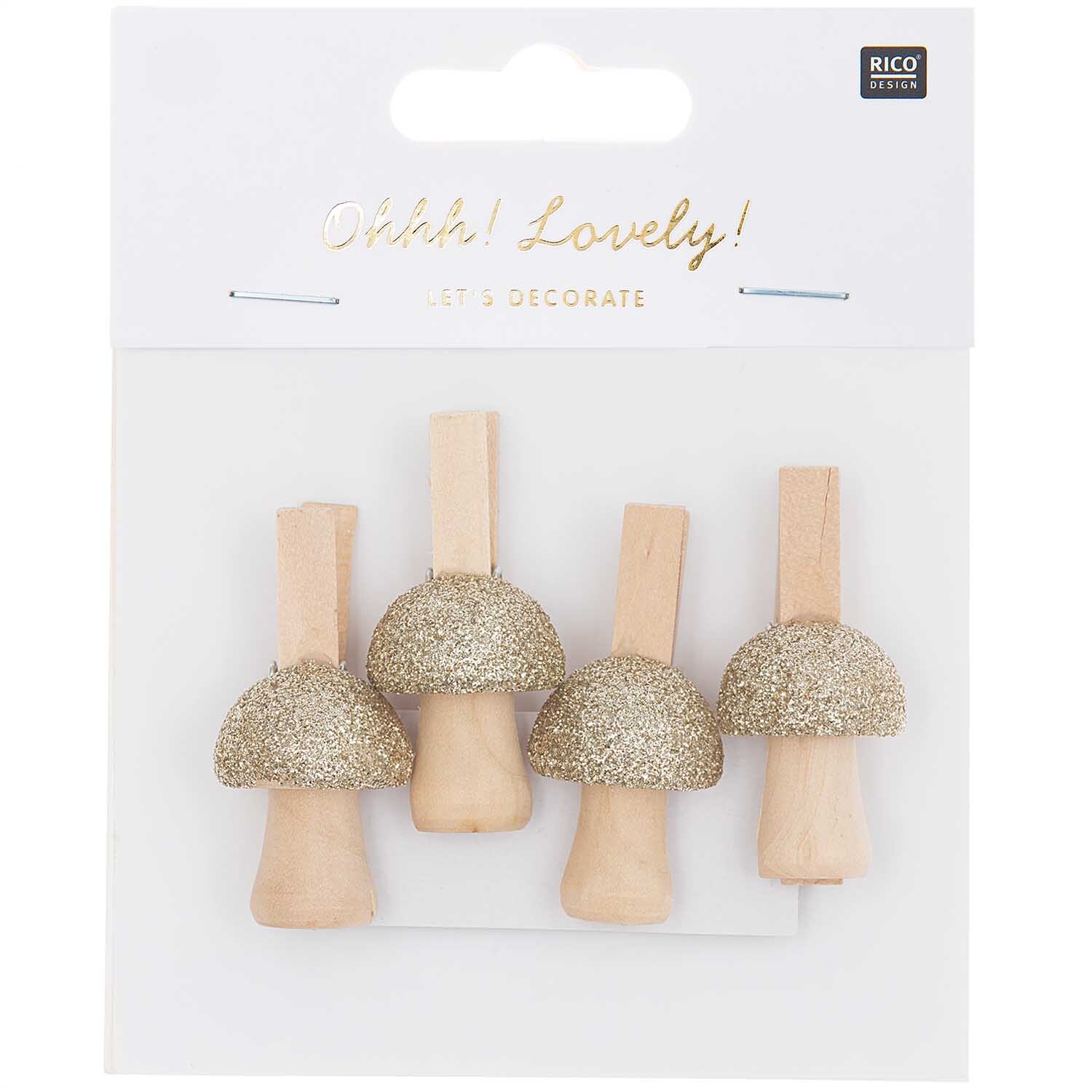 Holzclips Pilz mit Glitter natur-gold 4,8cm 4 Stück von Rico Design