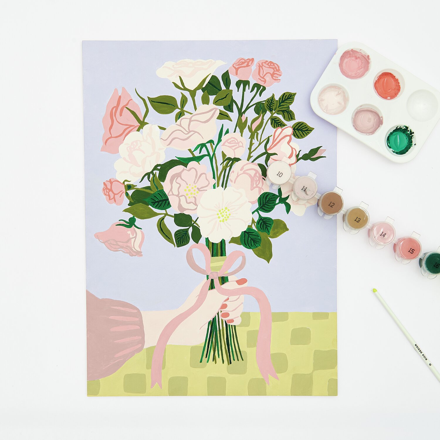 Malen nach Zahlen Rosen Bouqet: Pastellfarbenes Blumenmotiv mit Farbpalette und Pinsel, 26x37cm.