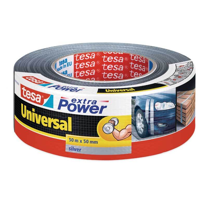 Klebeband extra Power® Universal in silber von tesa, ideal für vielseitige Anwendungen, abgebildet auf einer Rolle.