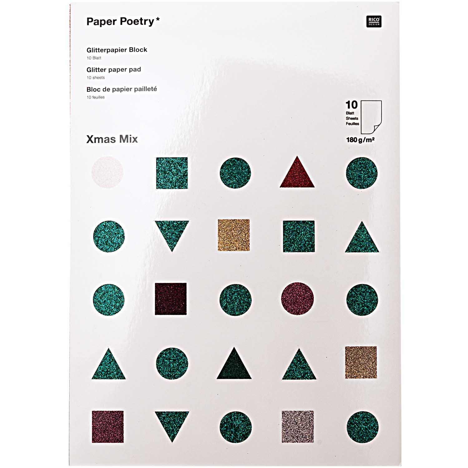 Paper Poetry Glitterpapierblock Nostalgic Mix mit geometrischen Formen in Glitzeroptik. Ideal für kreative Bastelprojekte.