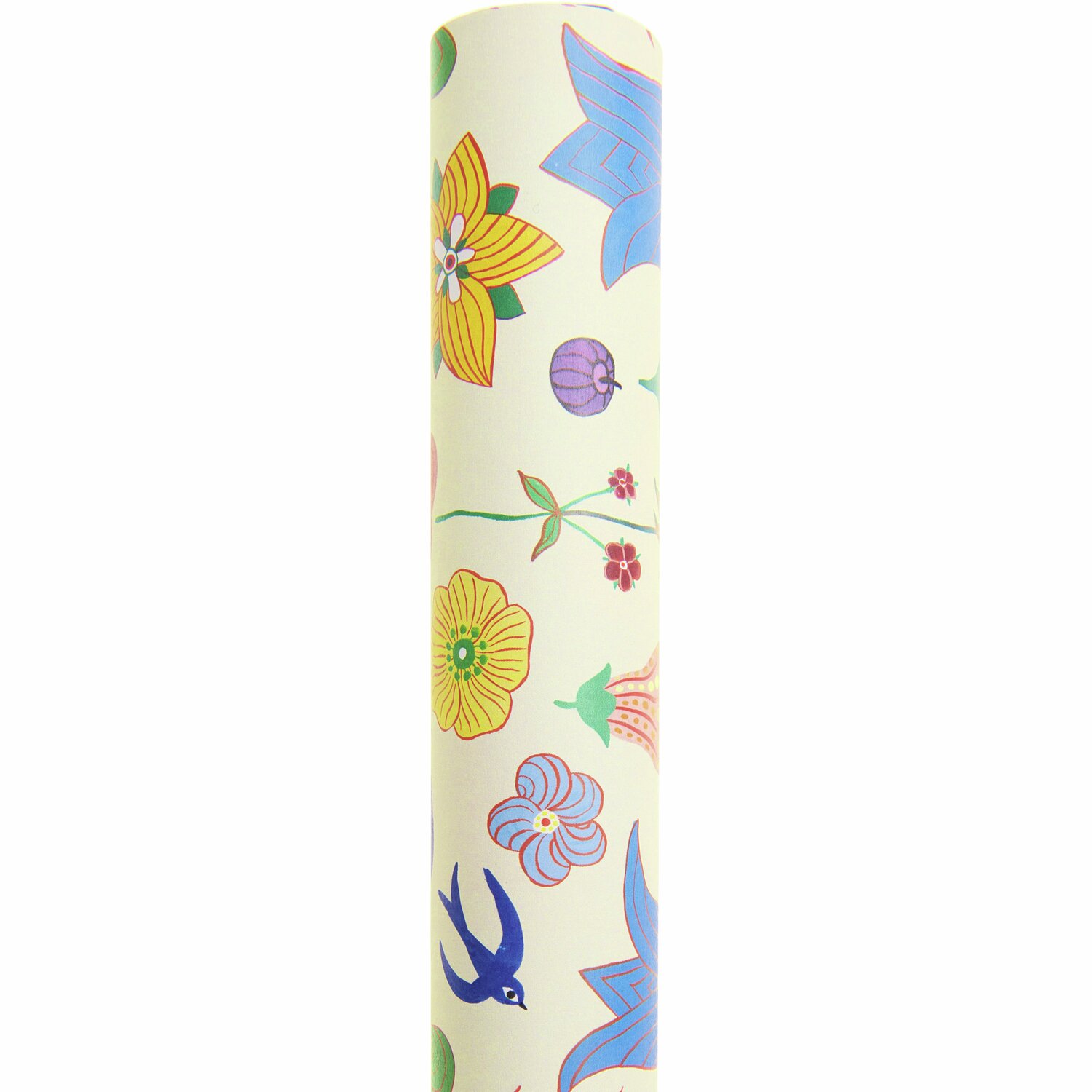 Geschenkpapier Midsommar Magic mit bunten Blumen und Vögeln auf hellem Hintergrund, 70cm x 2m.
