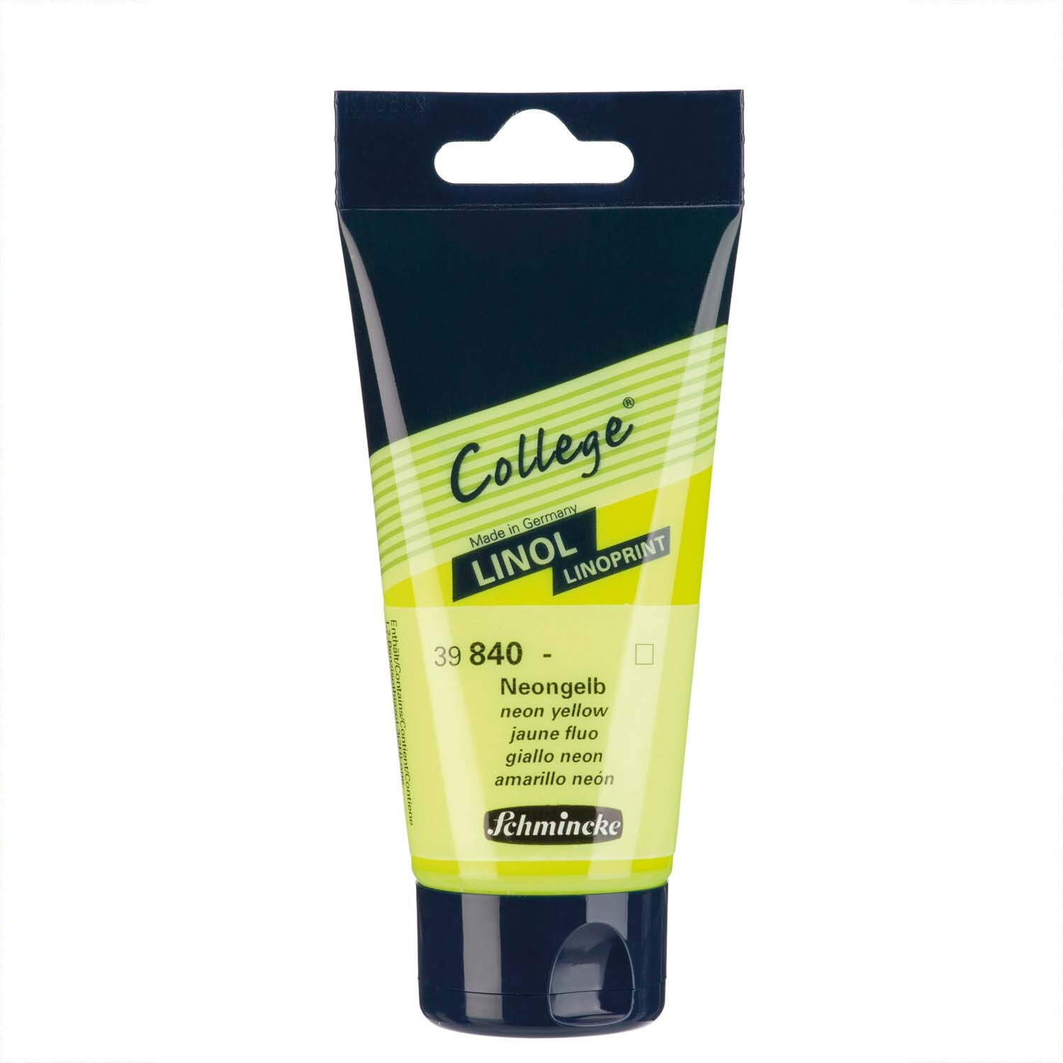 College Linolfarbe in einer 75ml Tube, leuchtend neongelb, von Schmincke, ideal für kreative Druckprojekte.