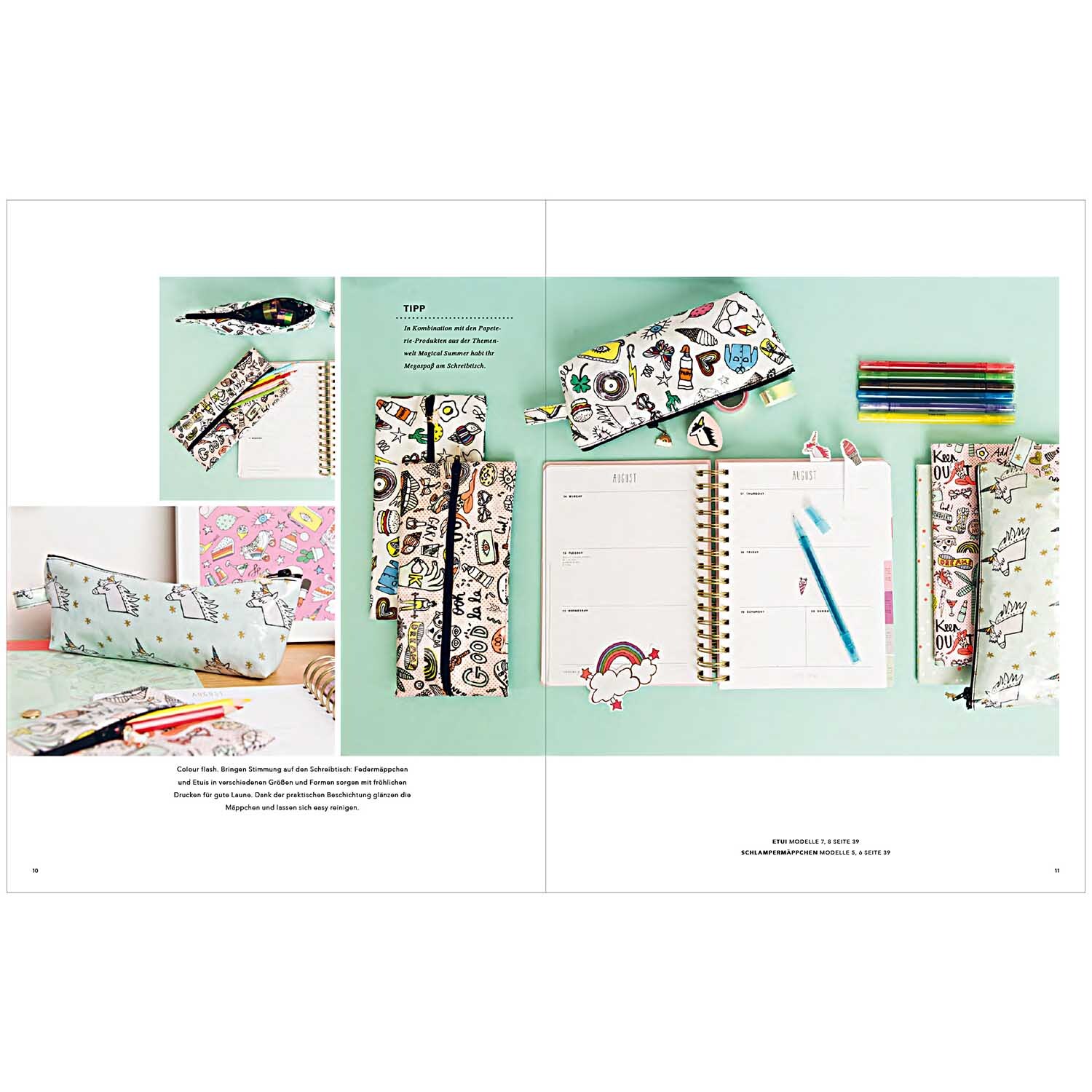 Das Kleine Rico Nähbuch Magical Summer zeigt kreative Nähprojekte mit bunten Stoffmustern und Zubehör von Rico Design.