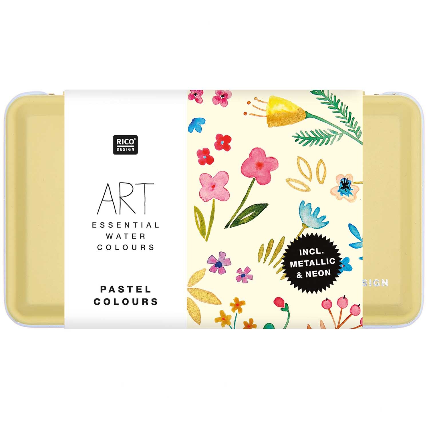ART Essential Aquarellfarben Pastel Colours, 12 Farben von Rico Design, mit floralen Motiven auf der Verpackung.