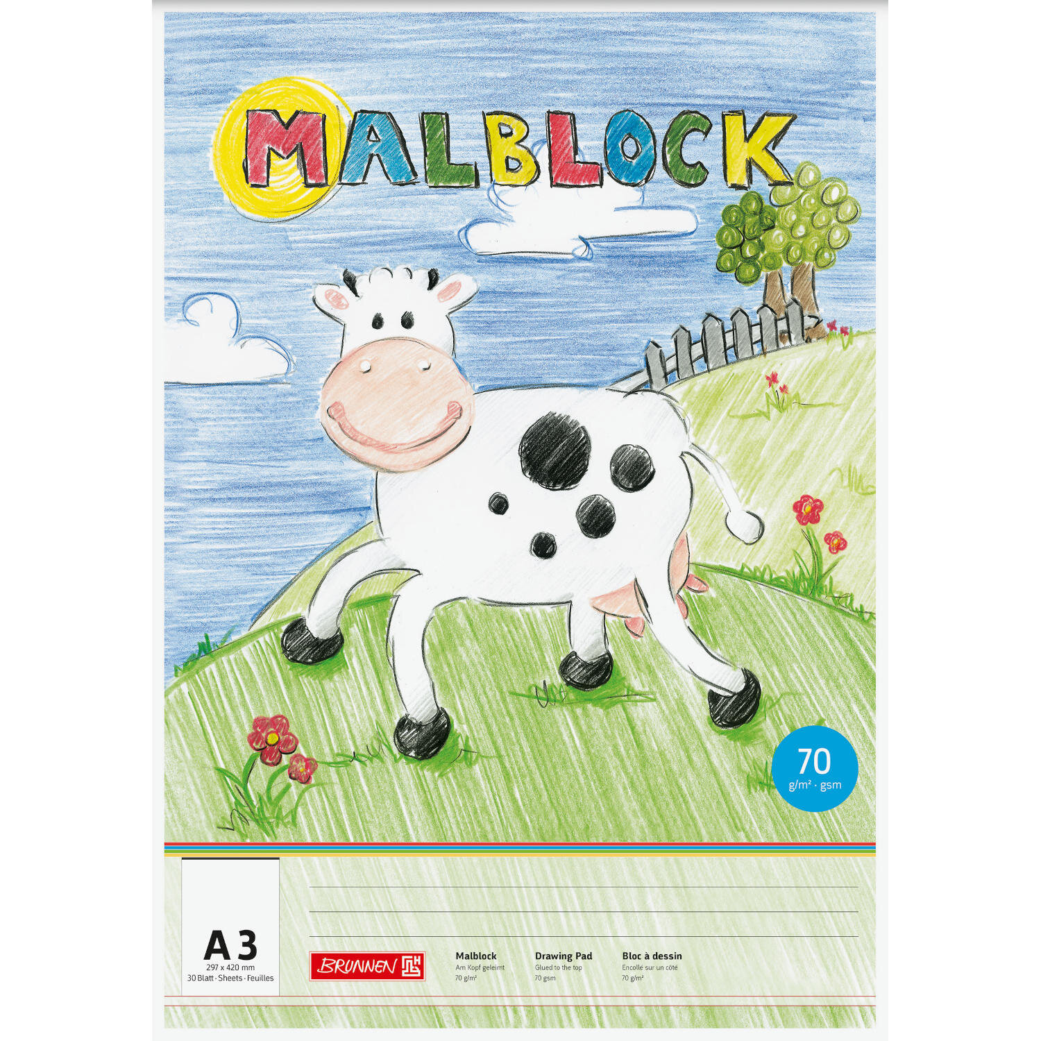 Malblock A3 30 Blatt Zeichenblock von Brunnen mit bunter Kinderillustration einer Kuh auf Wiese, ideal zum Malen und Zeichnen im Querformat