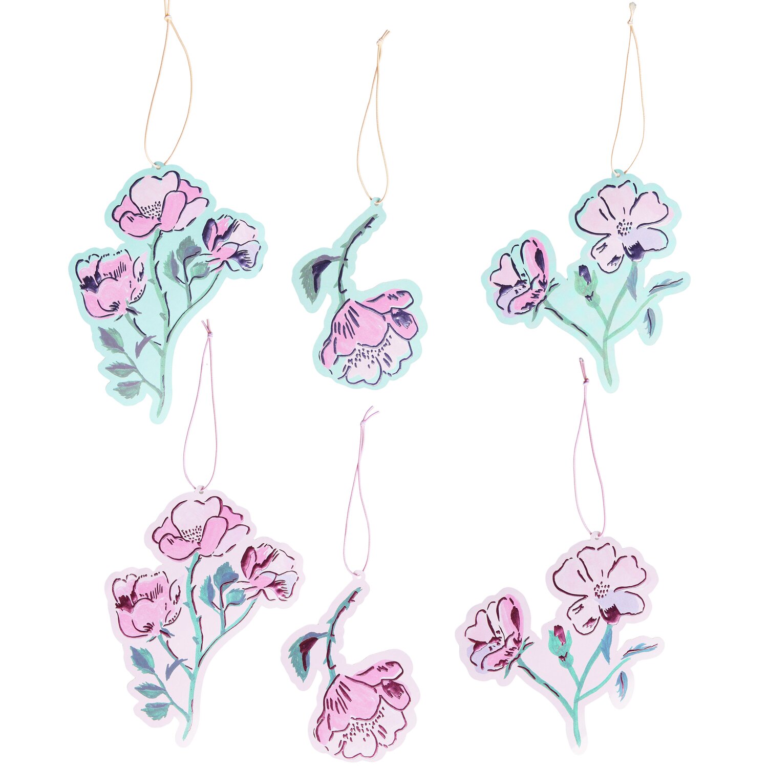 Paper Poetry Geschenkanhänger La Vie en Rose Blumen von Rico Design, 6 Stück. Zarte Blumenmotive in Rosa und Blau auf Anhängern mit goldenen Fäden.