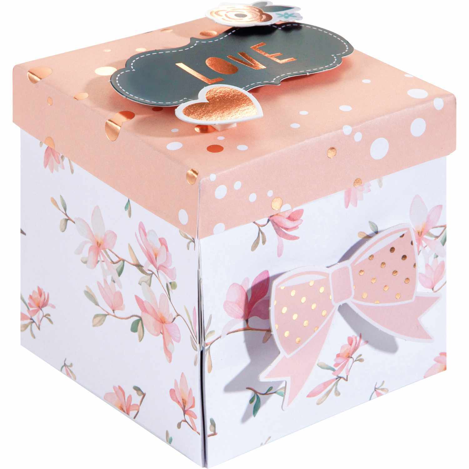 Explosionsbox Bastelset Romantik mit floralem Design und Schleife, ideal für romantische Anlässe.