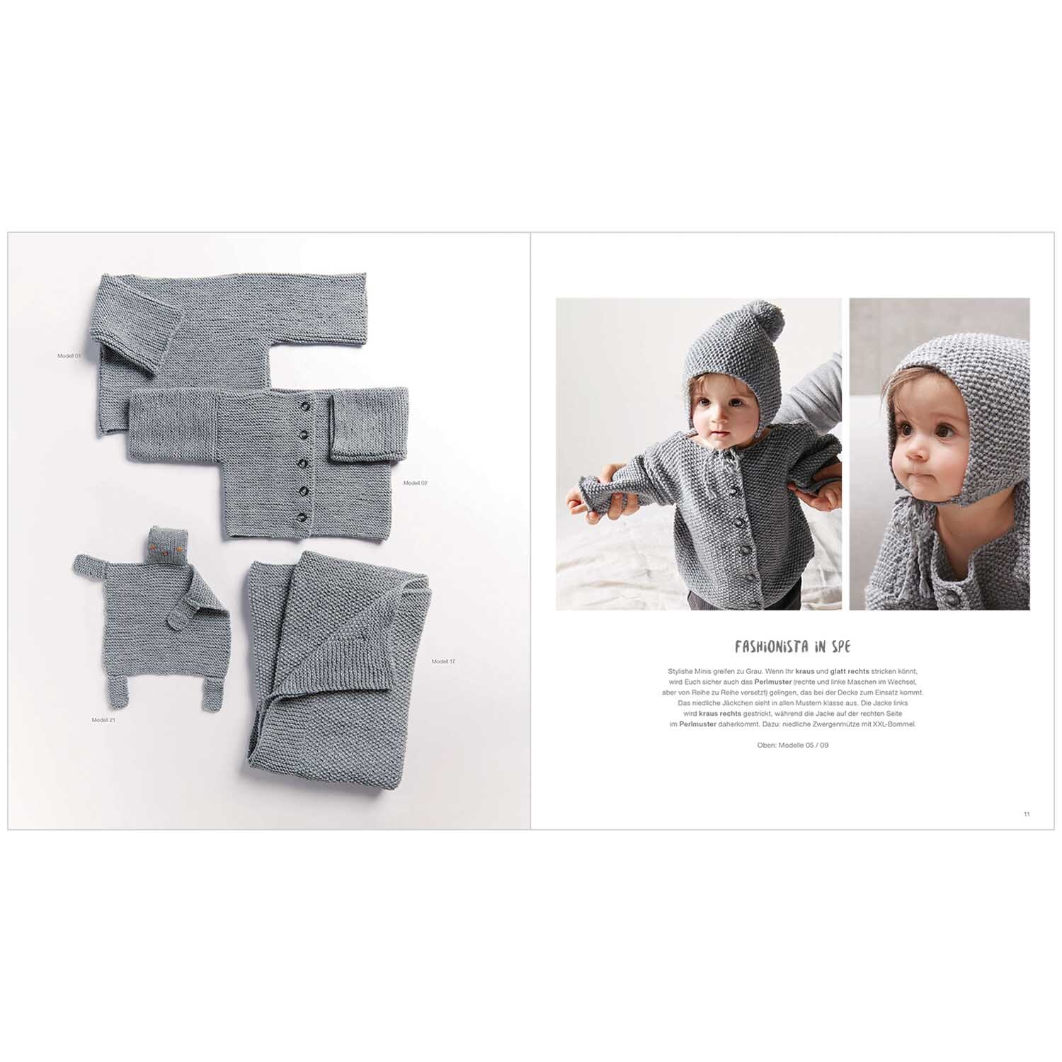Rico Baby Heft Nr.31 zeigt graue Babystrickmode von Rico Design, inklusive Jacke, Mütze und Decke.