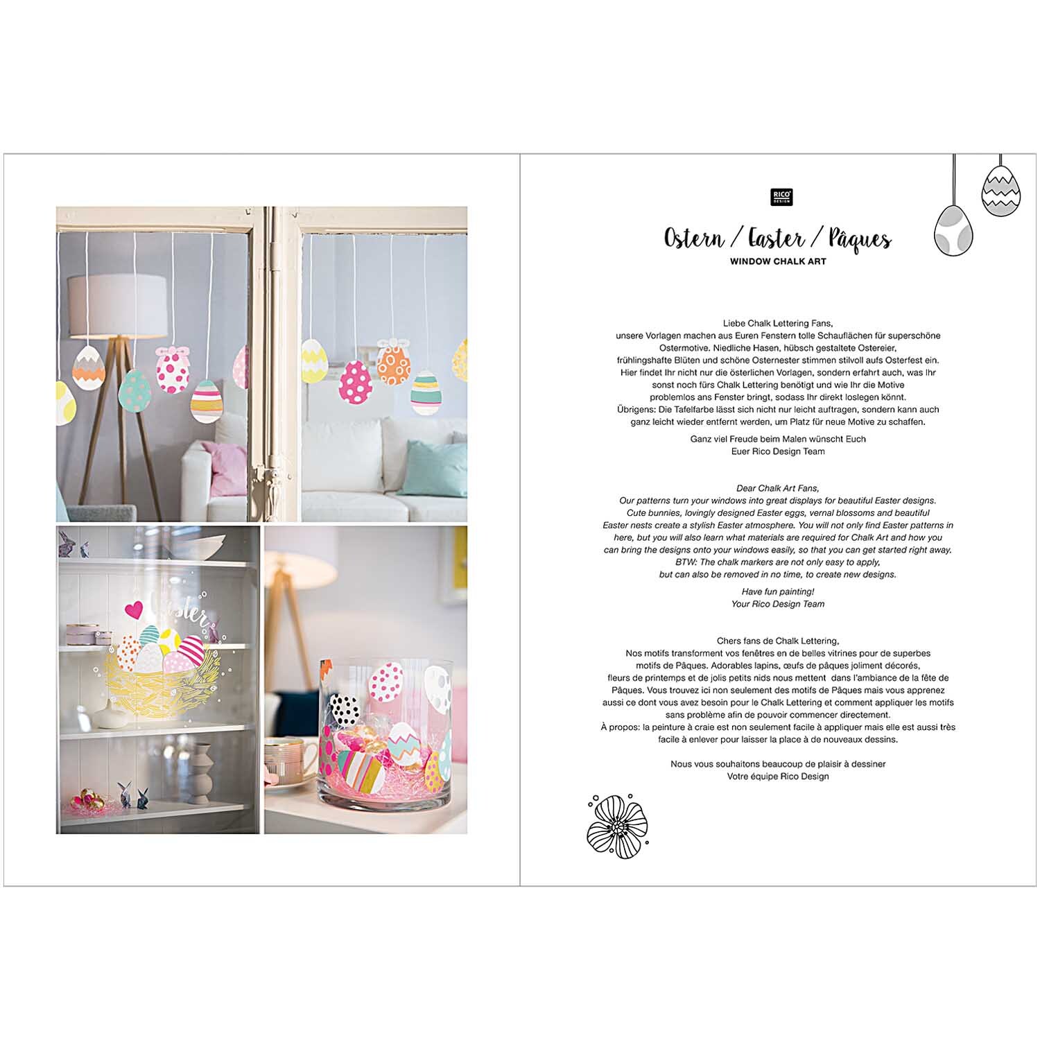 Vorlagenmappe Ostern Fenster- und Glasmalerei mit Kreidestiften zeigt bunte Osterdekorationen an Fenstern. Ideal für kreative Osterprojekte.