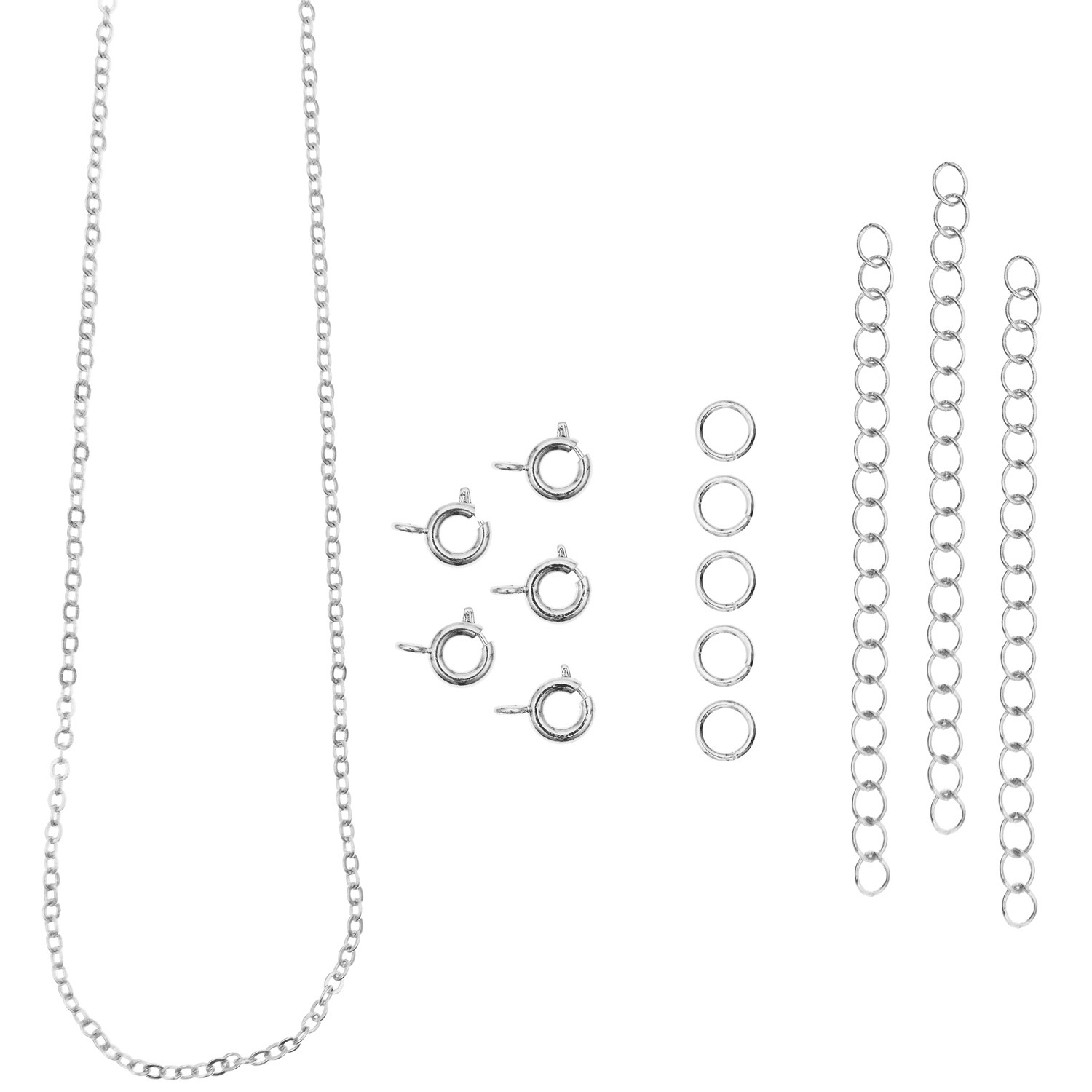 Federring-Verschlüsse und Ketten silber, 14-teilig. Hochwertige Schmuckzubehörteile von Rico Design für kreative DIY-Projekte.