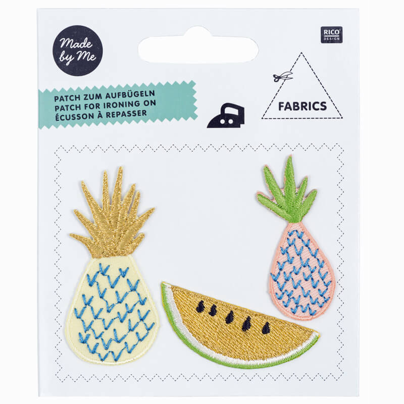 Patches Ananas, 3-teilig, von Rico Design. Goldene Ananas- und Melonenmotive zum Aufbügeln.