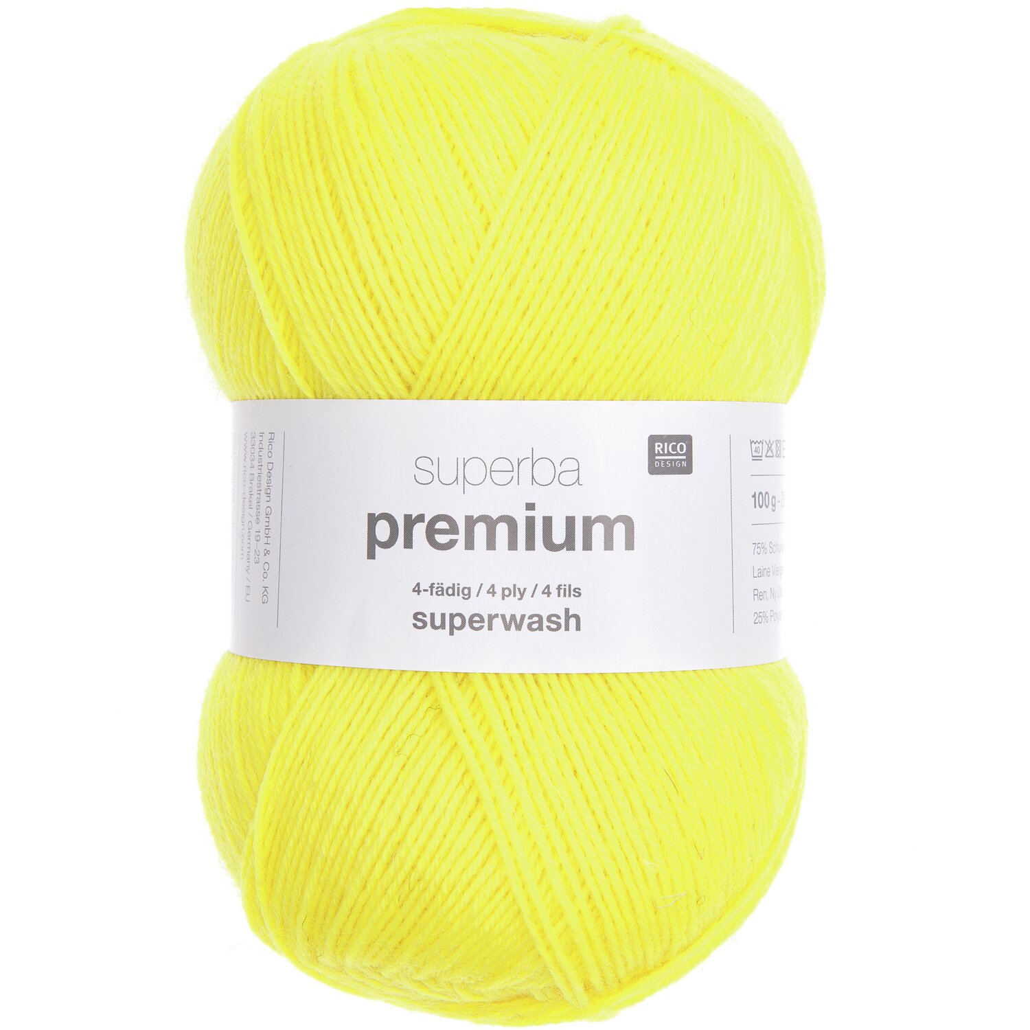 Superba Premium 4fädig Wolle in leuchtendem Gelb, 100g Knäuel von Rico Design, ideal für Strickprojekte.