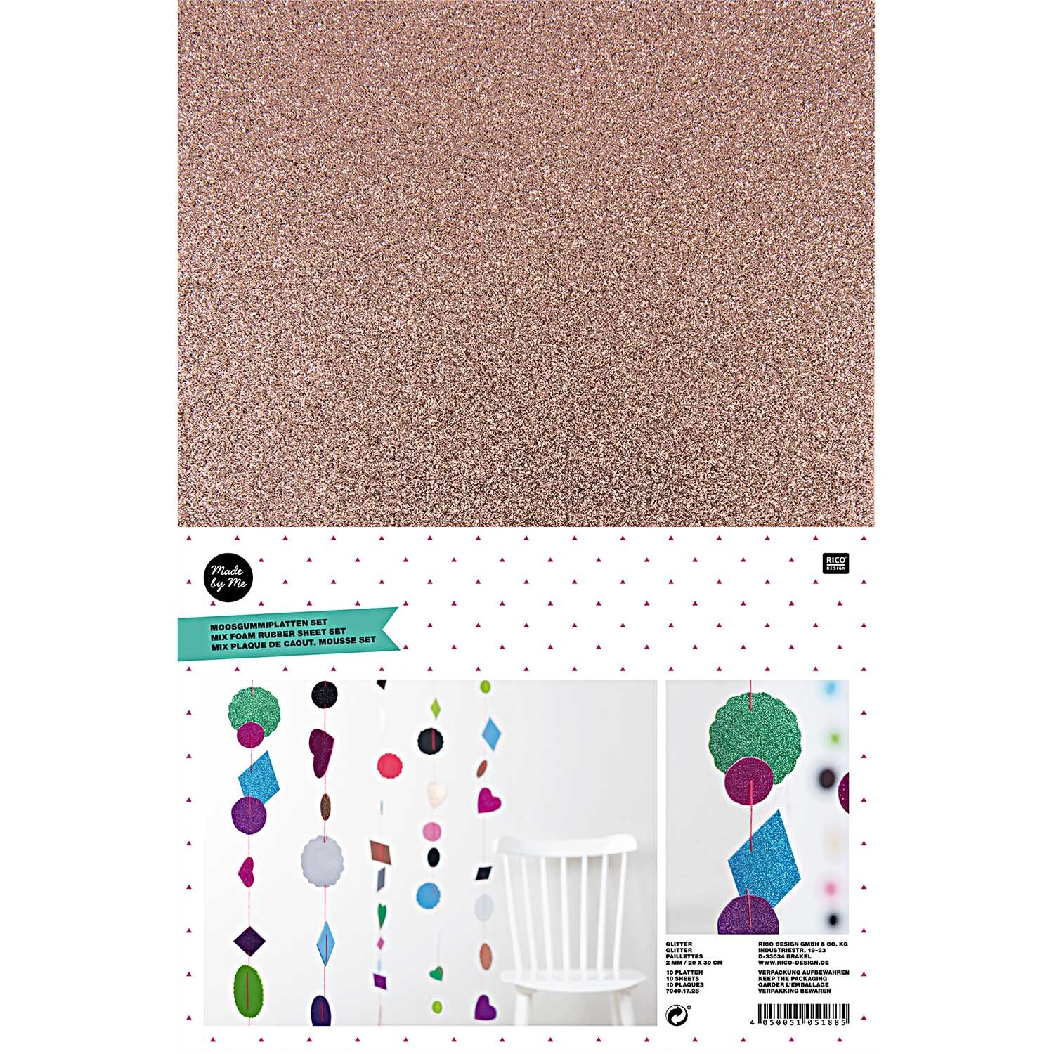 Moosgummi Mix Glitter 2mm 20x30cm 10 Platten von Rico Design. Mehrfarbige Platten mit Glitzeroberfläche, ideal für kreative Bastelprojekte.