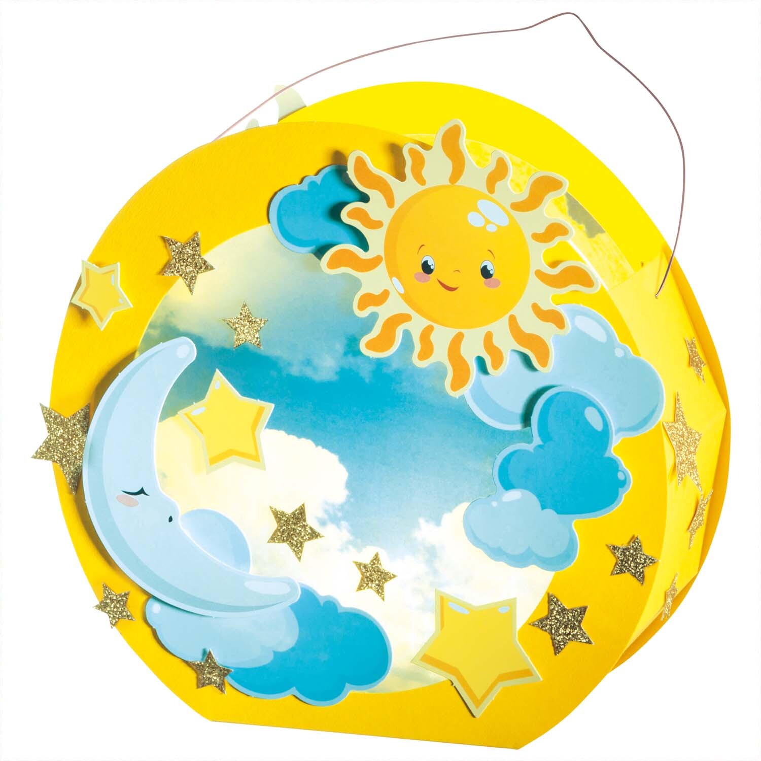 Laternen Set Sonne, Mond und Sterne mit fröhlichem Sonnen- und Mondmotiv, umgeben von goldenen Sternen auf gelbem Hintergrund.