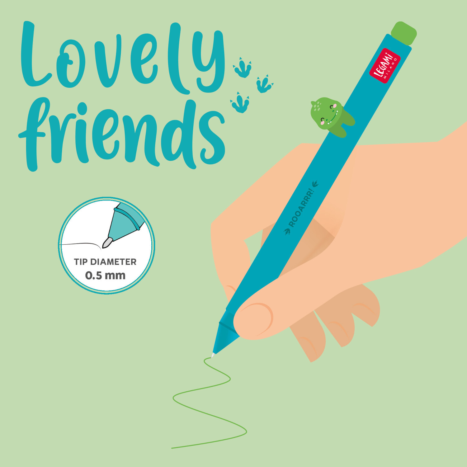 Lovely Friends Gelstift von Legami mit Dino-Motiv, grün, in einer Hand gehalten, schreibt auf Papier.