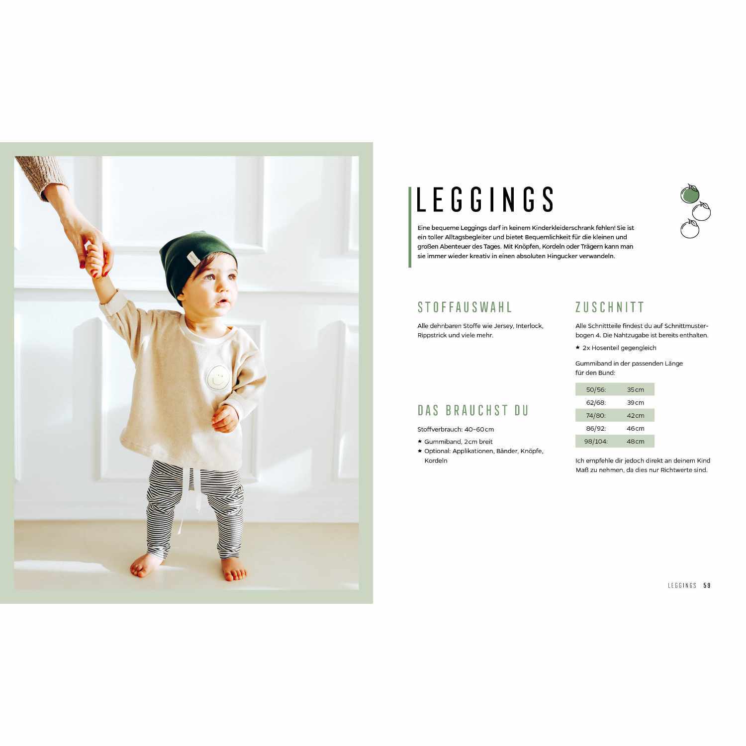 HEJLENKI - Nähen für Babys und Kleinkinder: Kind in gemütlicher Kleidung, hält Hand eines Erwachsenen. Links Text über Leggings nähen.
