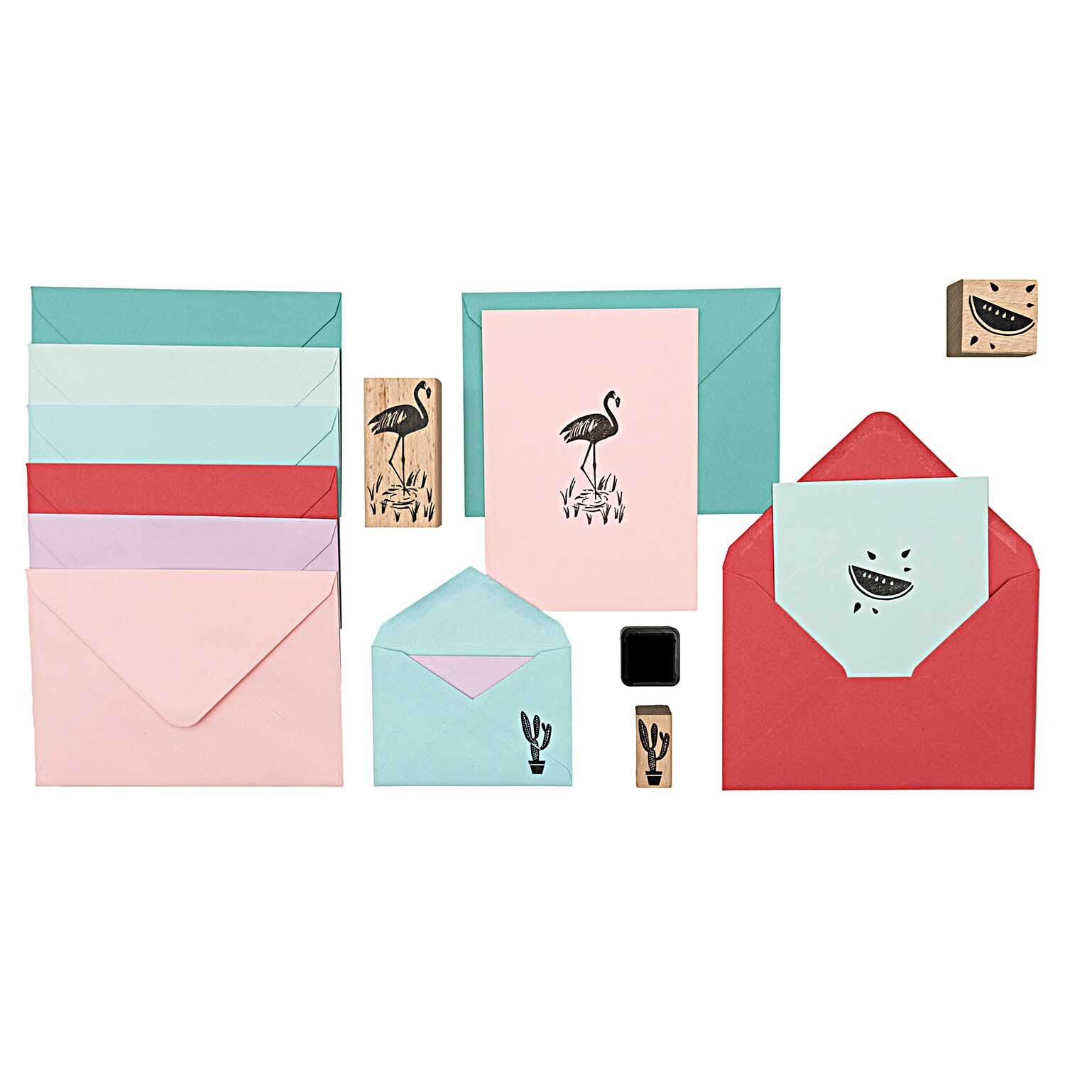 Paper Poetry Kartenset Basic tropical B6 mit bunten Umschlägen und Stempeln von Rico Design.