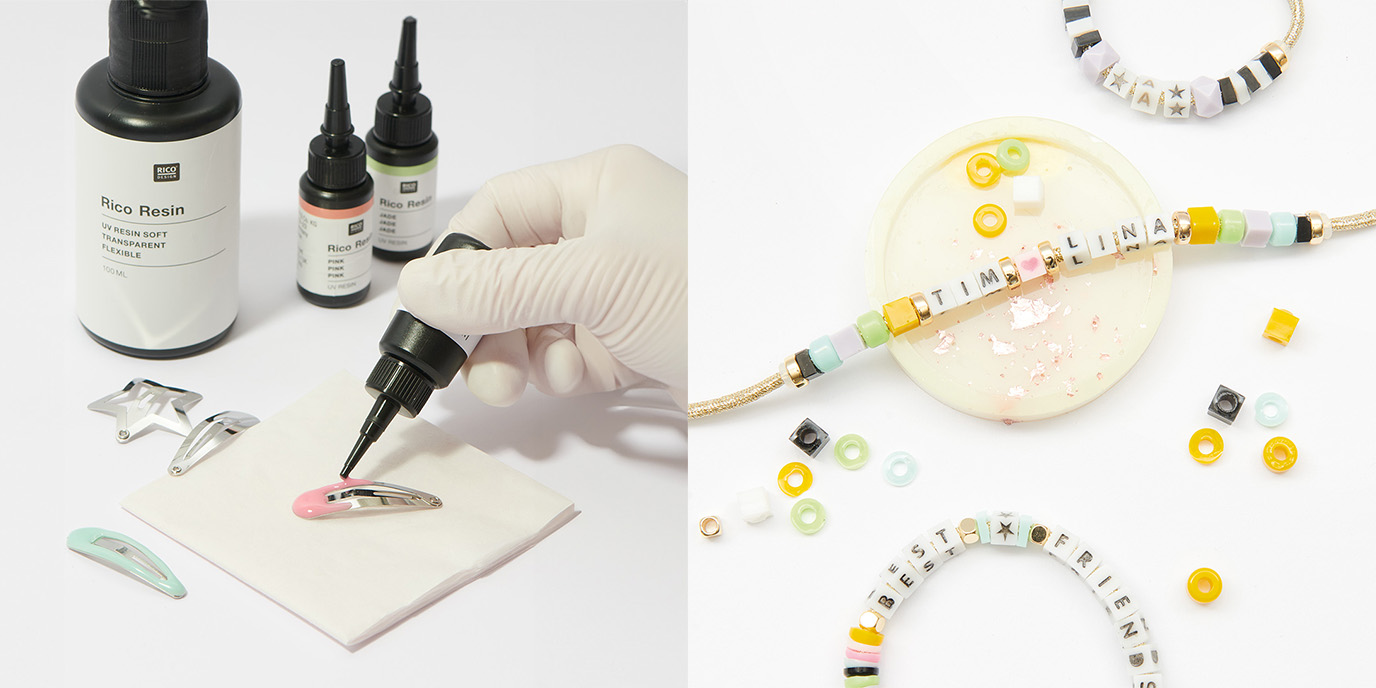 Zwei quadratische Bilder nebeneinander. Hand verziert Haarclip mit pinkem UV-Resin, dazu Haarclips und UV-Resin-Flaschen und Armbänder mit bunten Perlen und Untersetzer.