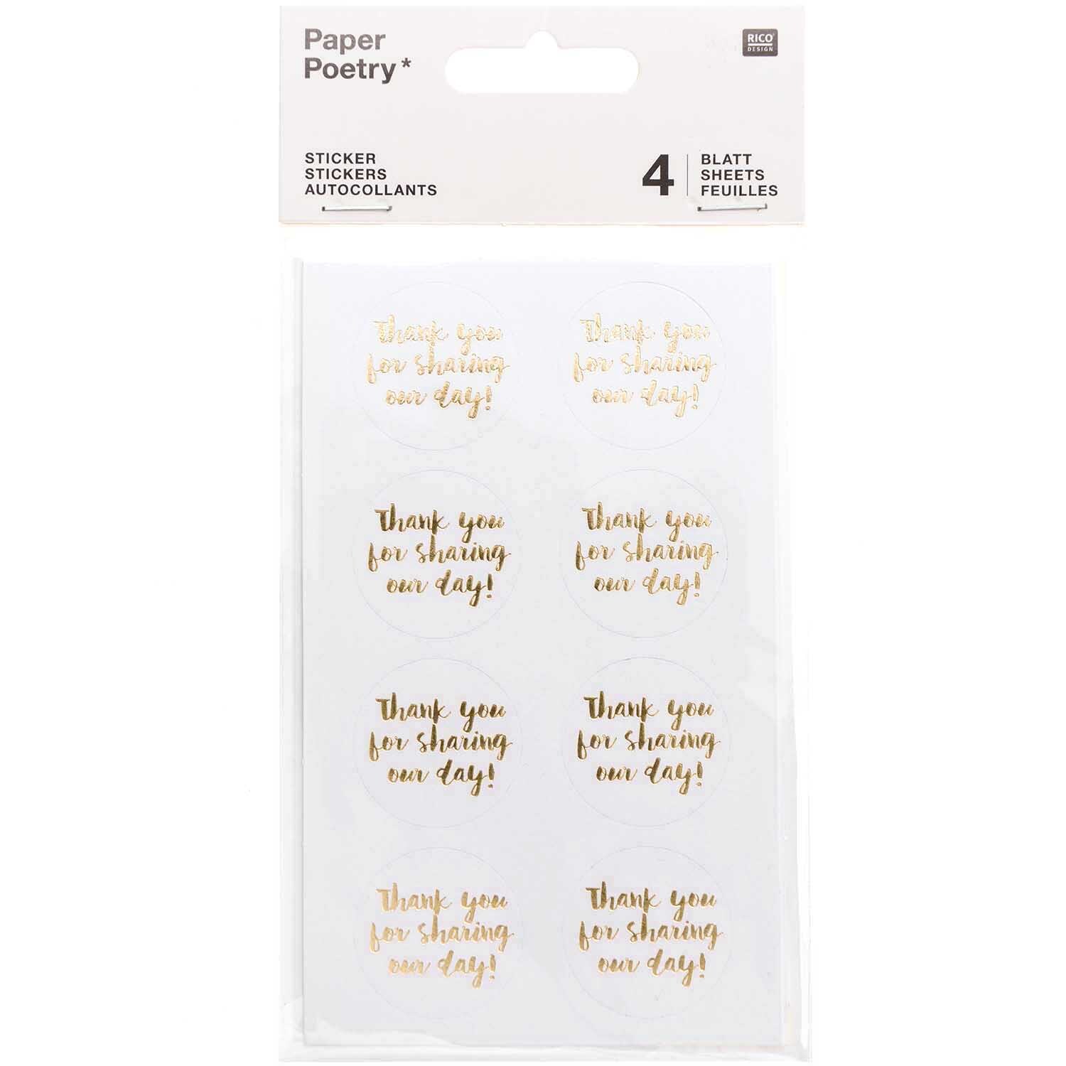 Paper Poetry Sticker Thank you for sharing our day weiß 4 Blatt von Rico Design