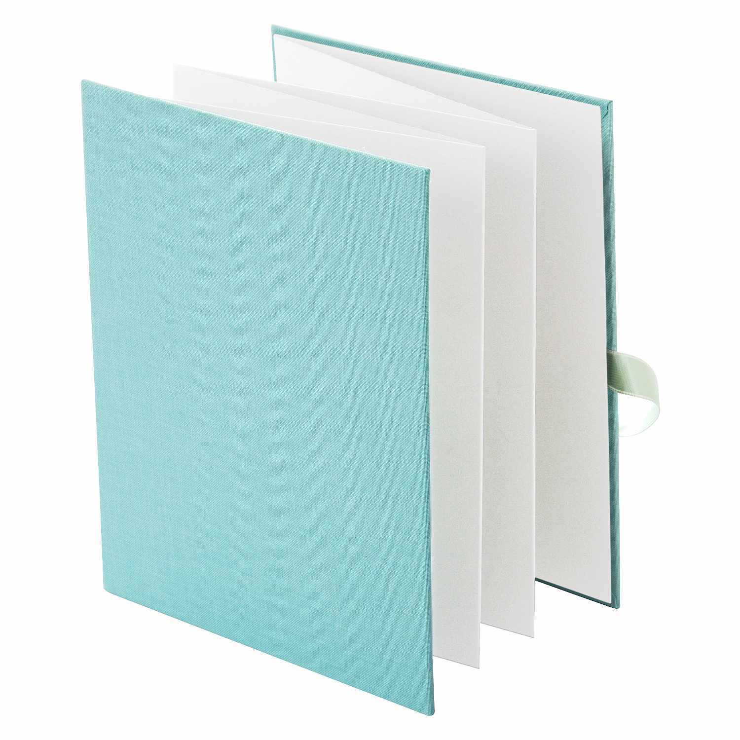 Leporello 15,5x19cm für 10 Fotos mit weißen Seiten in Aqua von goldbuch, geöffnet und stehend.
