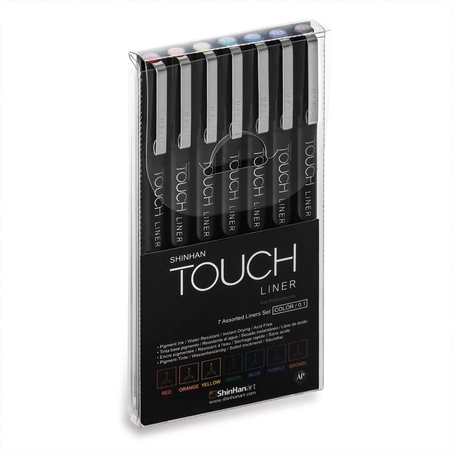 Liner ShinHan Set 0,1mm, 7-teilig, in einer transparenten Verpackung mit verschiedenen Farben.
