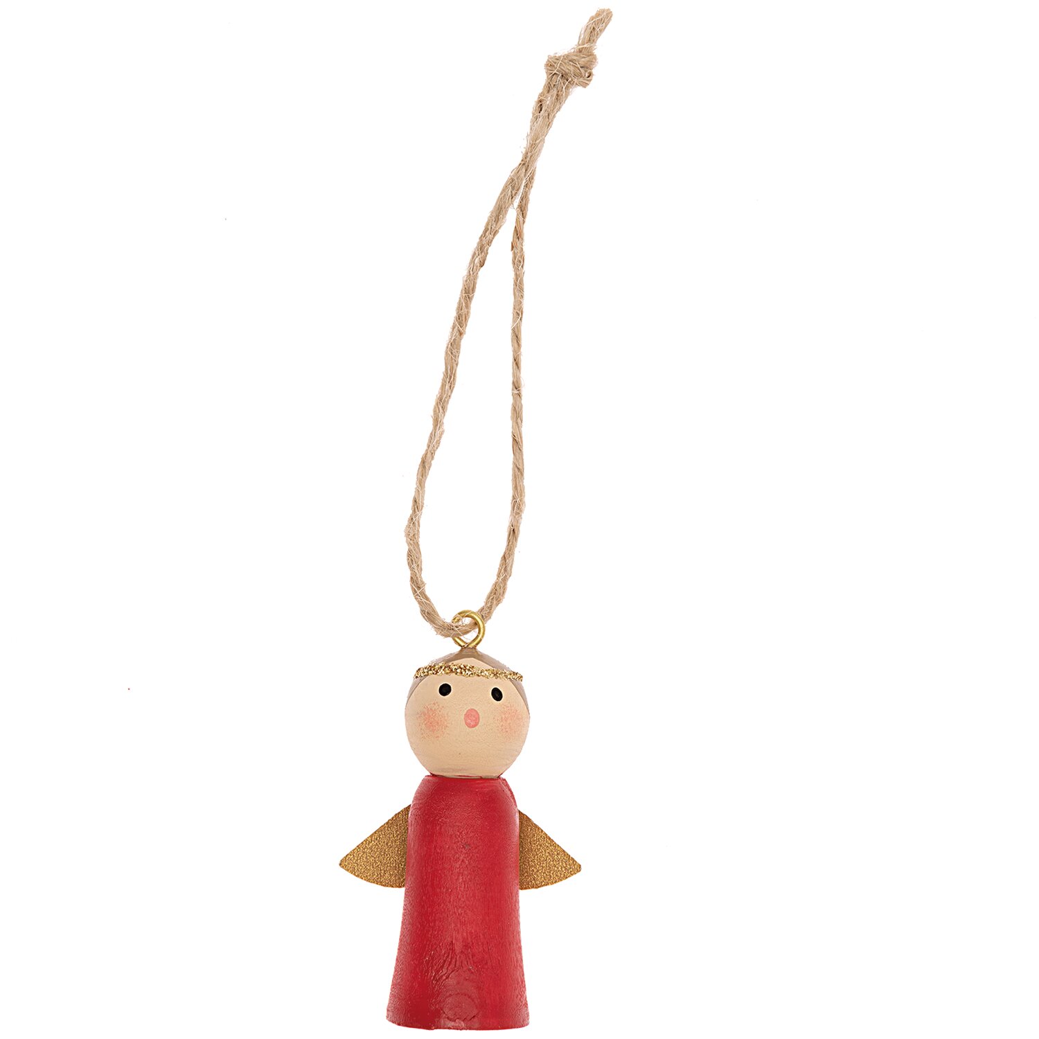 Holzhänger Engel rot 5cm: Niedlicher Holzengel in Rot mit goldenen Flügeln, ideal als Weihnachtsdekoration.