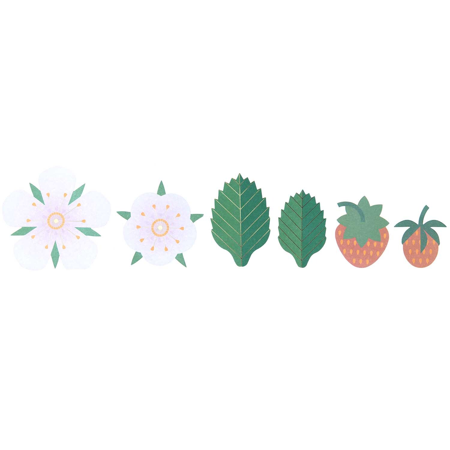 Paper Poetry Papierdekoration zeigt Erdbeeren und Blüten aus Papier von Rico Design in lebhaften Farben.