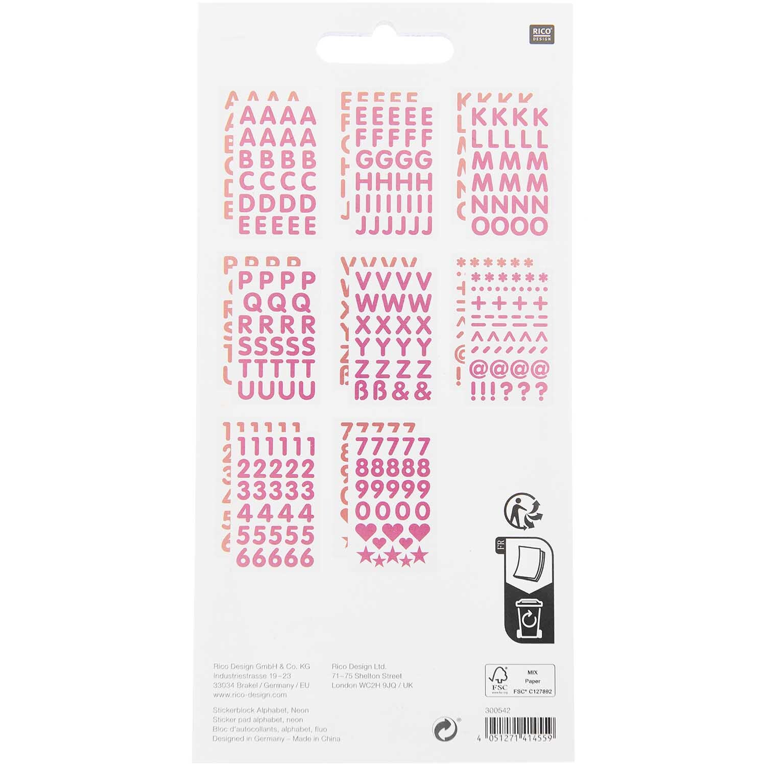 Paper Poetry Stickerblock Alphabet 16 Blatt mit neonfarbenen Buchstaben von Rico Design. Enthält verschiedene Buchstaben und Symbole auf weißem Hintergrund.