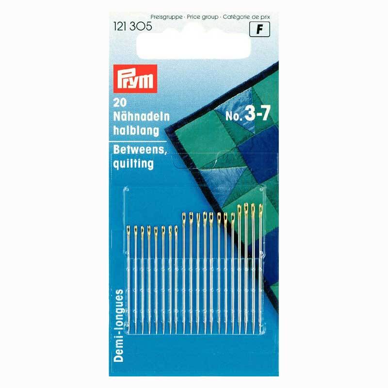 Nähnadeln silber halblang No. 3-7 20 Stück von Prym, ideal für Quilting, in Silber und Gold auf blauem Hintergrund.