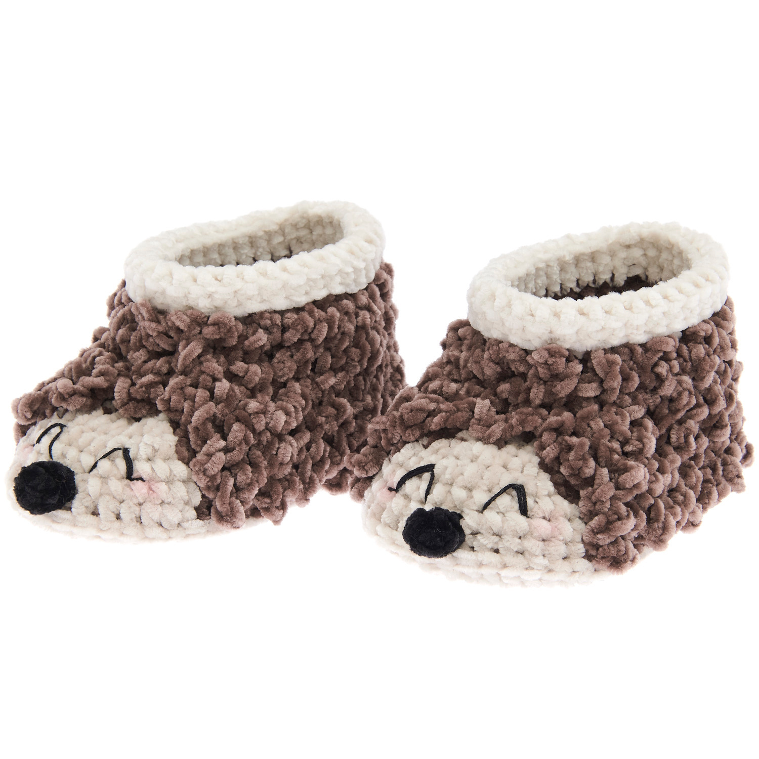 Ricorumi Häkelset Baby Booties Igel: Niedliche braune und weiße Häkel-Babyschuhe in Igel-Design.