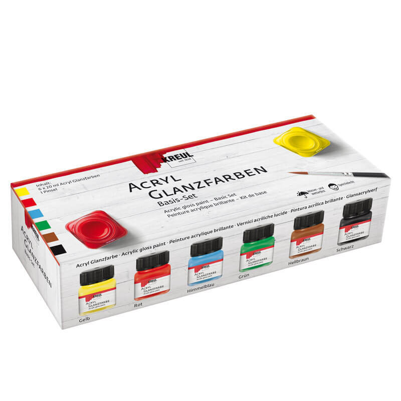 Hobby Line Creativ Set Acryl Glanzlack 6x20ml zeigt sechs bunte Glanzlackfarben in einer weißen Verpackung.
