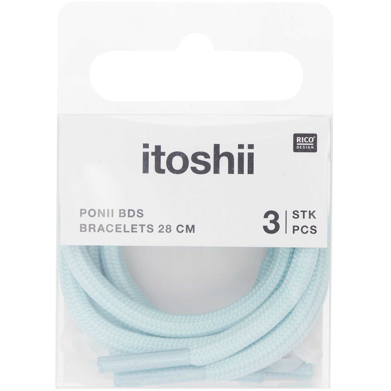 Itoshii - Ponii Beads Armbänder 3 Stück in Mint von Rico Design, verpackt in einer transparenten Box.