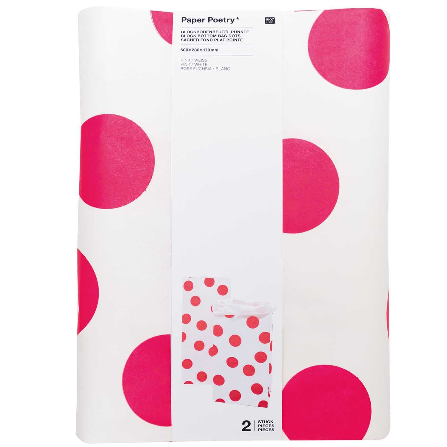Paper Poetry Maxi-Blockbodenbeutel L Punkte, pink-weiß, 60x28x17cm, 2 Stück, ideal für Geschenke.