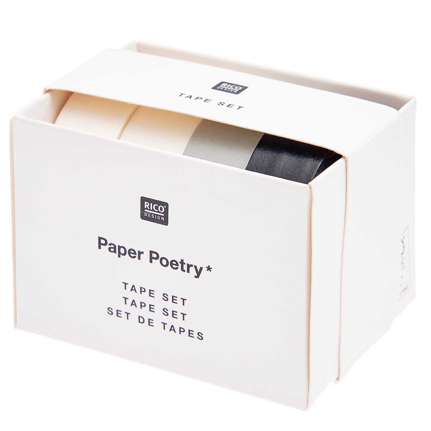 Paper Poetry Tape Set, 4-teilig, in einer Box von Rico Design. Enthält schwarz-weiße Rollen.