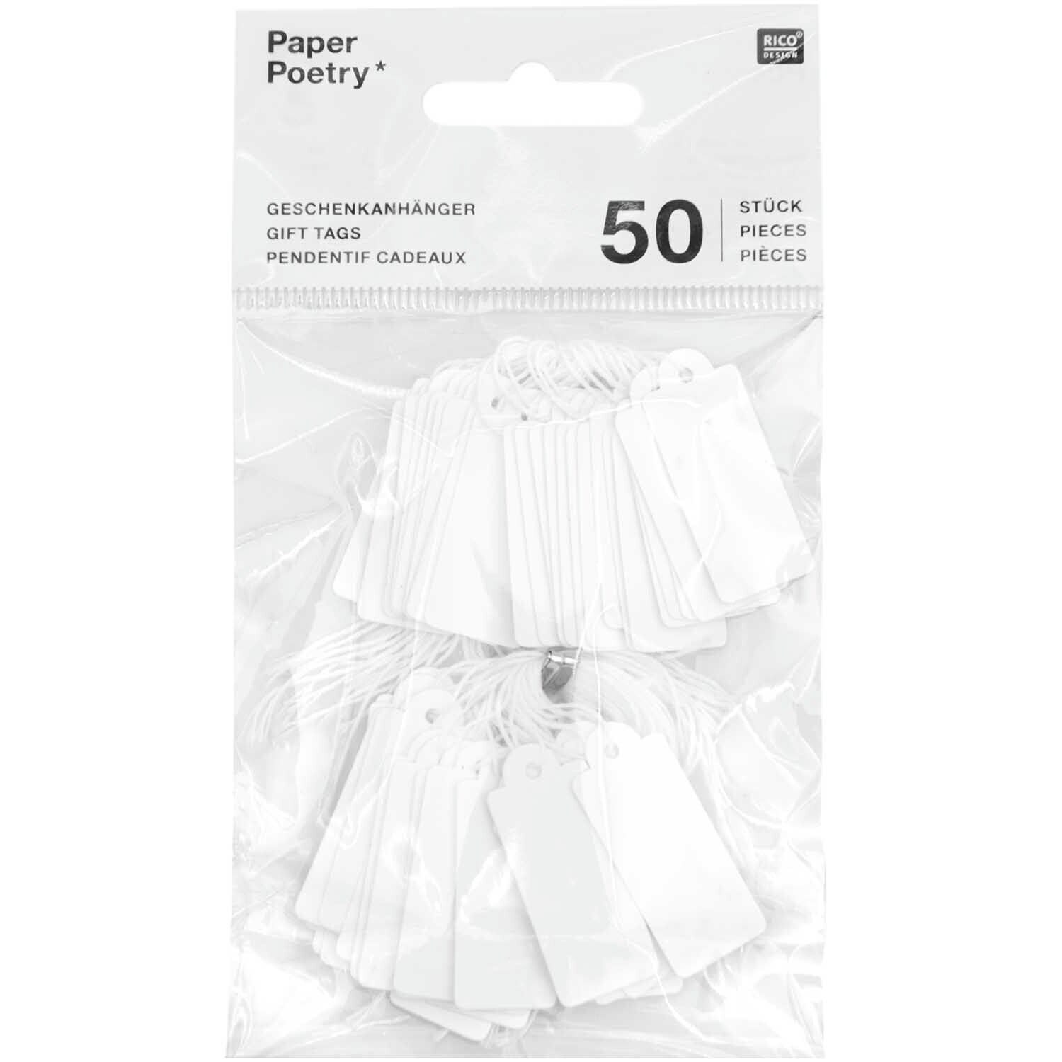 Paper Poetry Geschenkanhänger weiß von Rico Design, 50 Stück in einer transparenten Verpackung. Ideal für kreative Geschenkverpackungen.