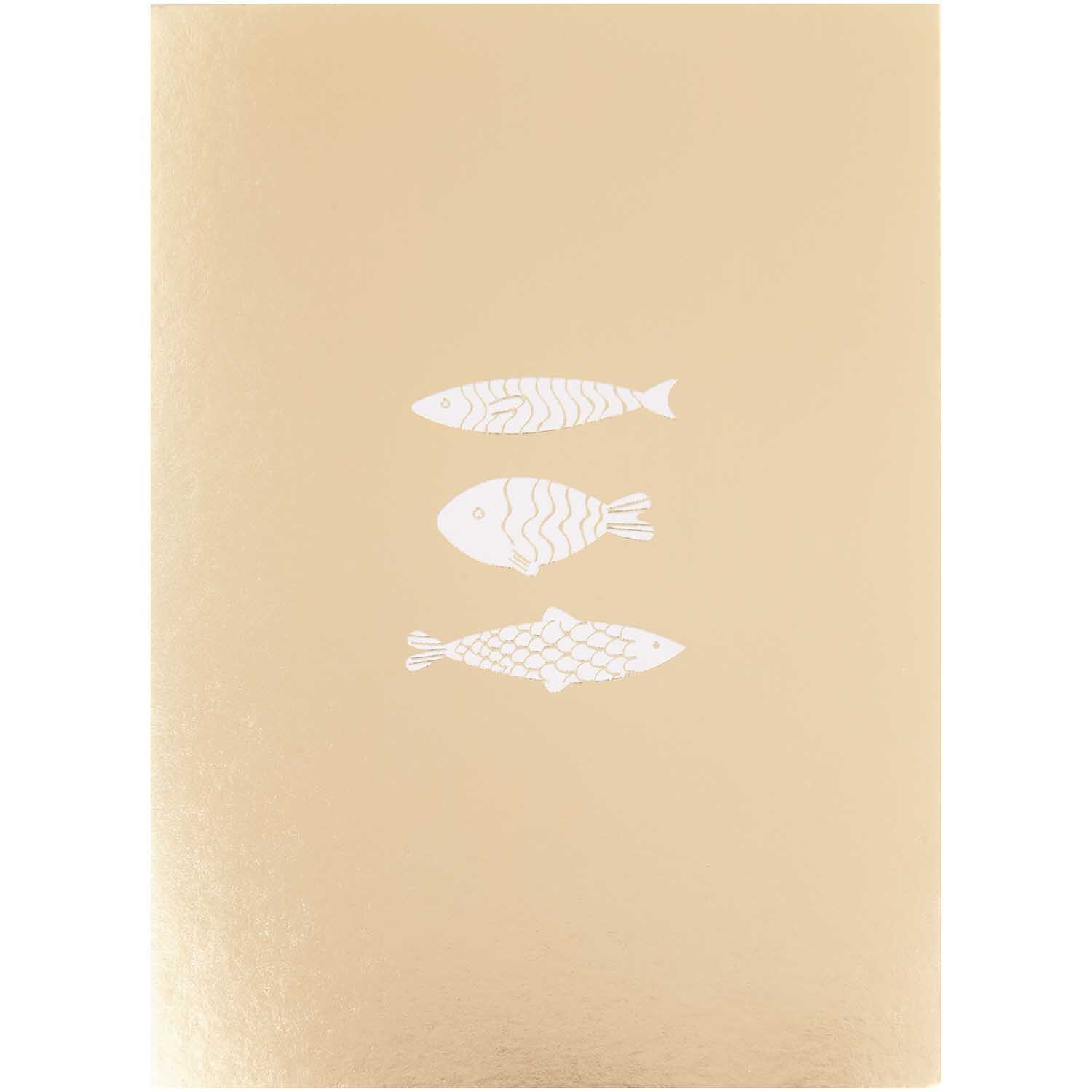 Paper Poetry Postkartenblock Fische mit drei stilisierten Fischmotiven auf goldenem Hintergrund von Rico Design.
