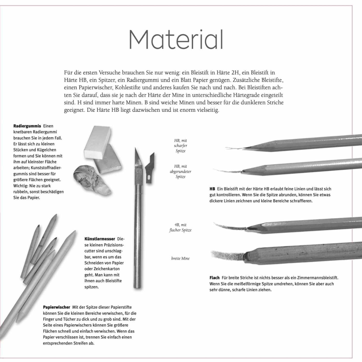Die Kunst des Zeichnens - Der Quick-Start-Block - Menschen: Anleitungsmaterialien für Zeichentechniken, inklusive Bleistifte und Radiergummi.