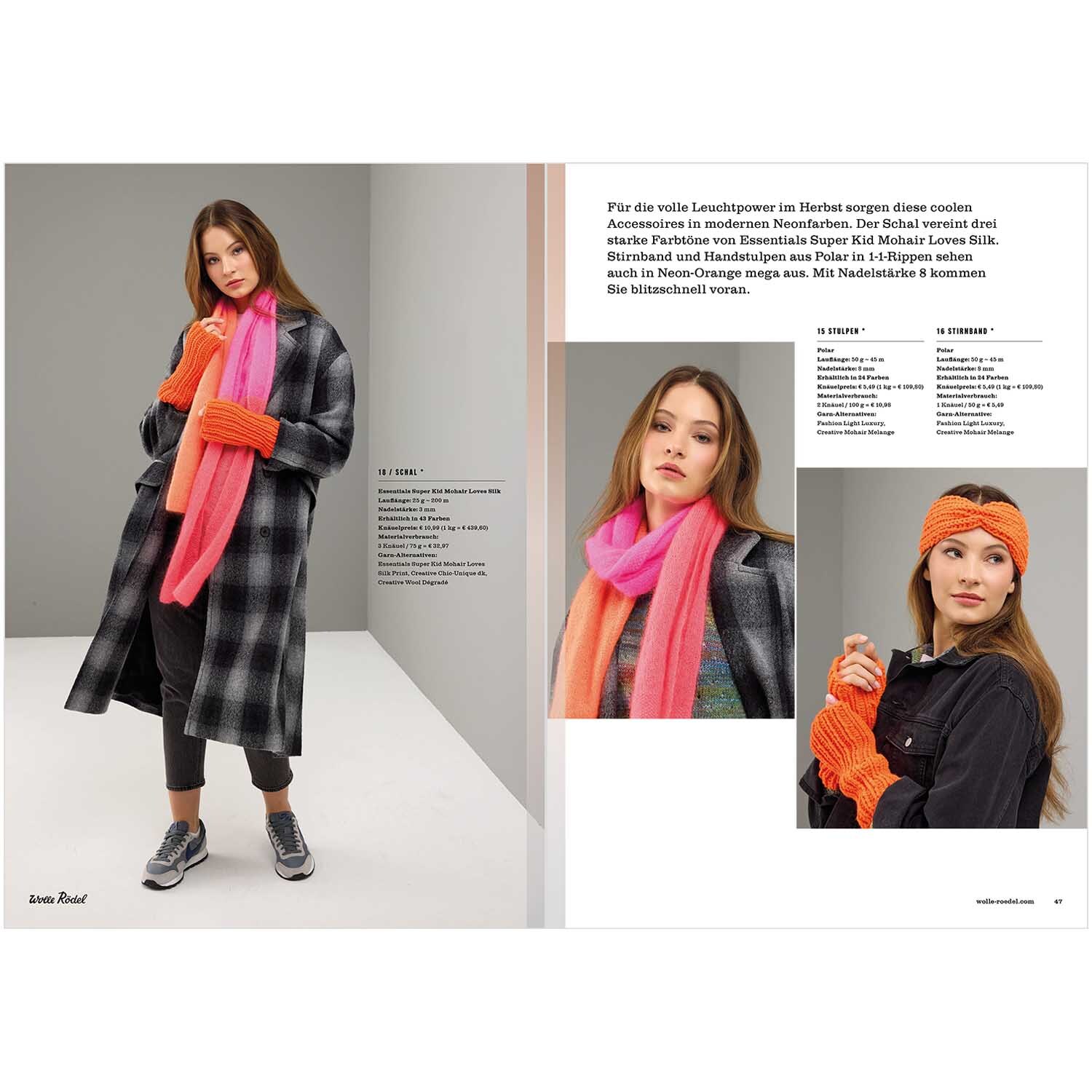 Die Neue Masche Nr. 07 Herbst: Frau in kariertem Mantel mit pinkem Schal und orangefarbenen Accessoires von Wolle Rödel.