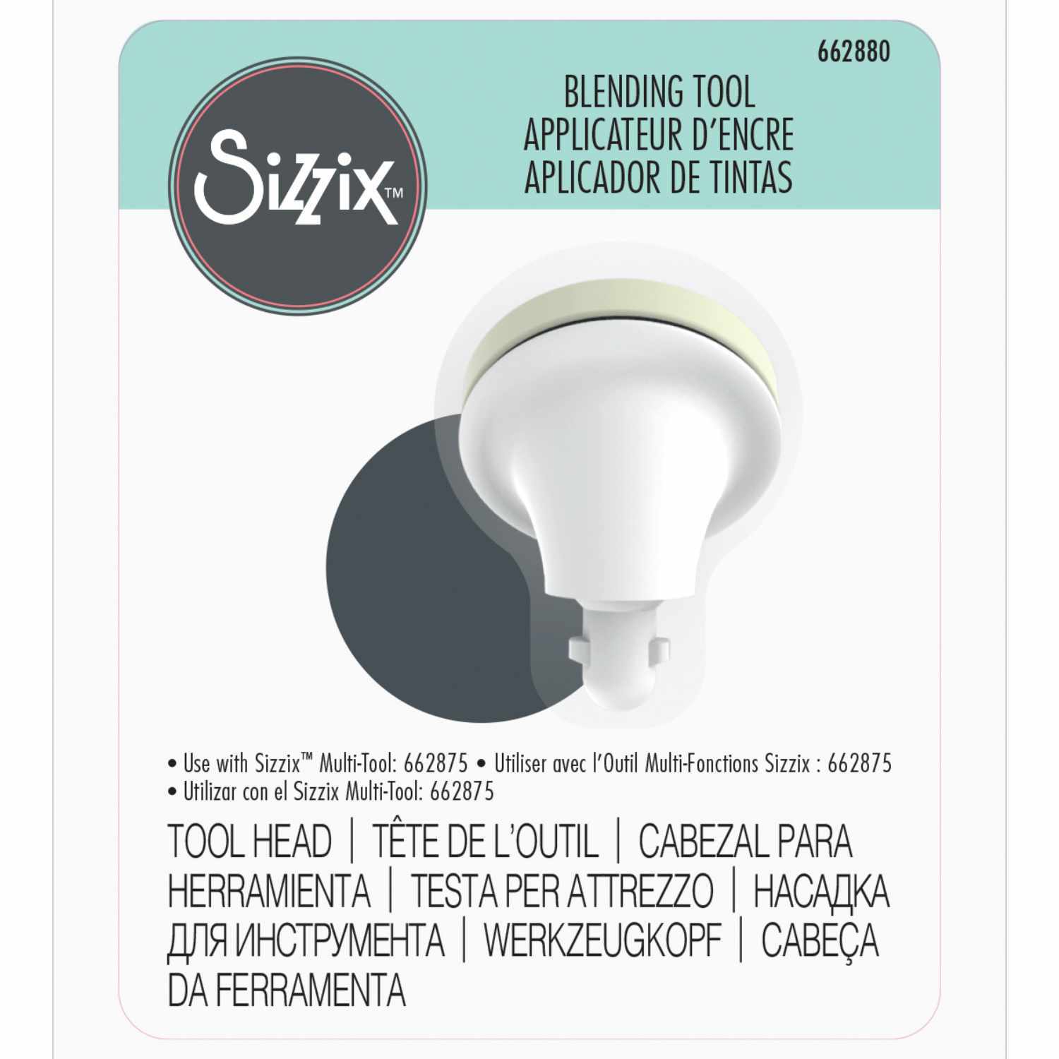 Multi-Tool Accessory Blending Tool von Sizzix: Weißes Werkzeug zum Mischen von Farben, ideal für kreative Projekte. Verpackung mit mehrsprachiger Anleitung.