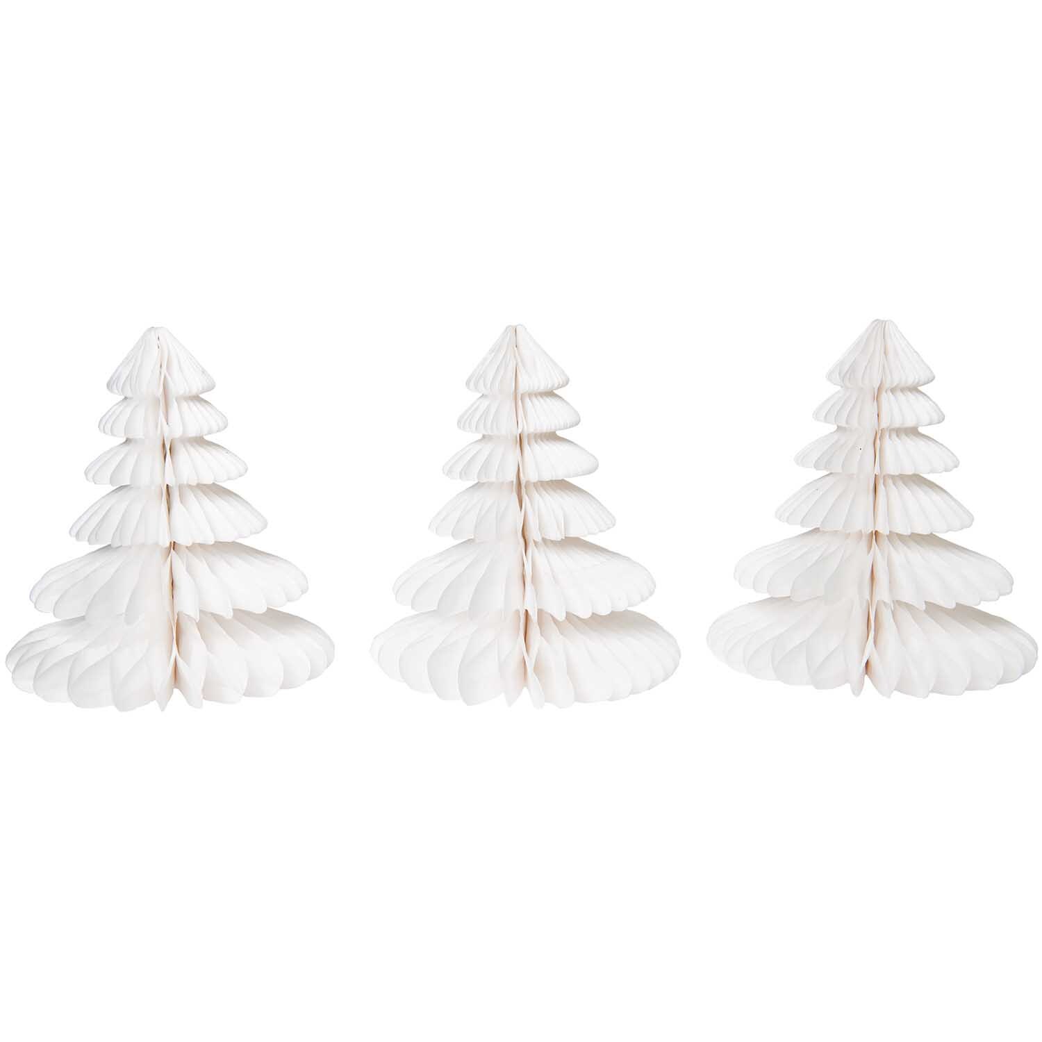 Wabenpapier Tannenbäume in Weiß von Rico Design, dreiteiliges Set, ideal für festliche Dekoration.