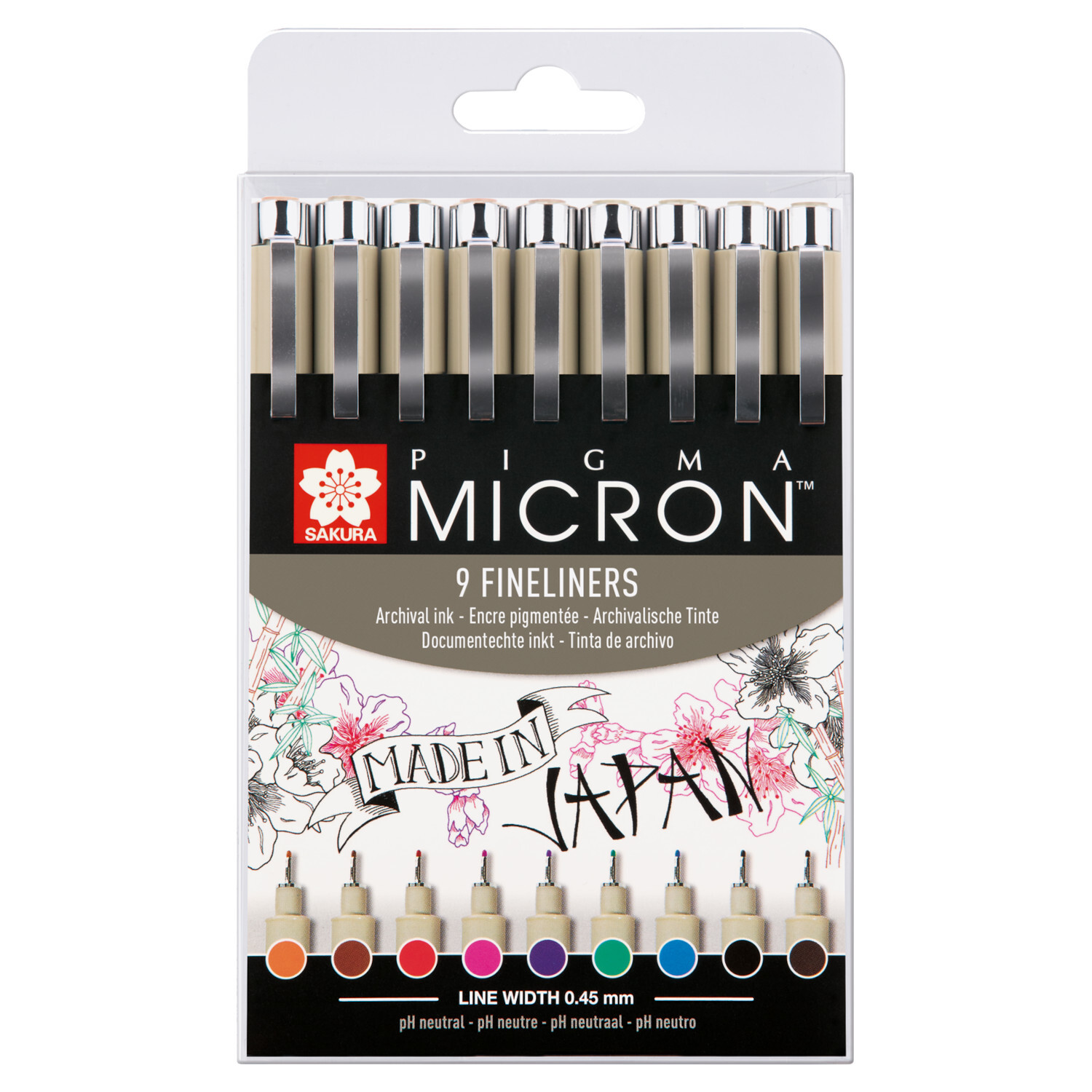 Pigment Liner Sakura Pigma Micron Set mit 9 Finelinern in verschiedenen Farben, ideal für präzises Zeichnen.