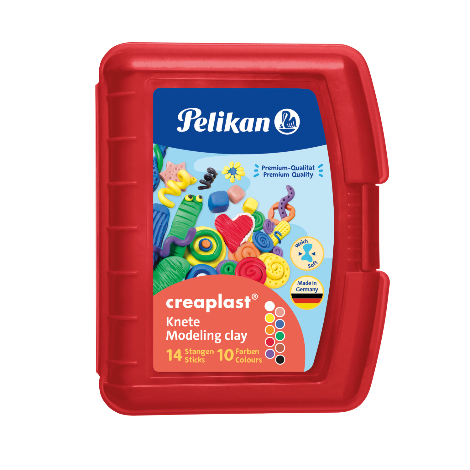Creaplast Knete rote Box mit 14 Stangen in 10 Farben, verpackt in einer robusten roten Box.