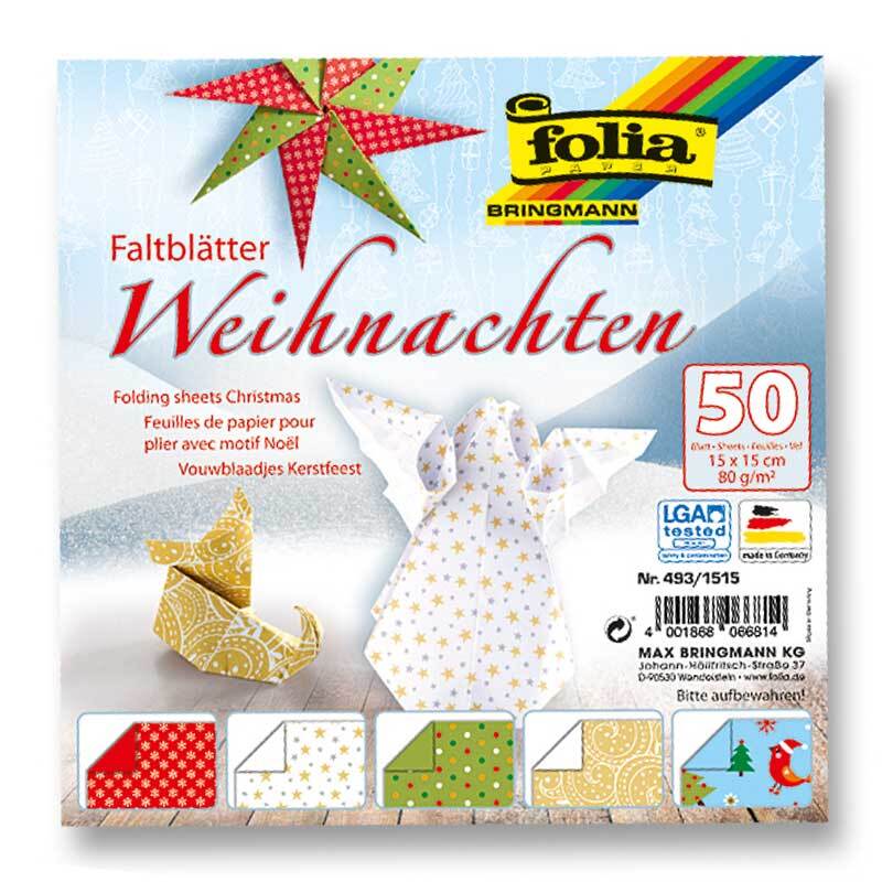 Faltblätter Weihnachten 15x15cm 50 Blatt, ideal für festliche Bastelprojekte, mit bunten Designs von folia.