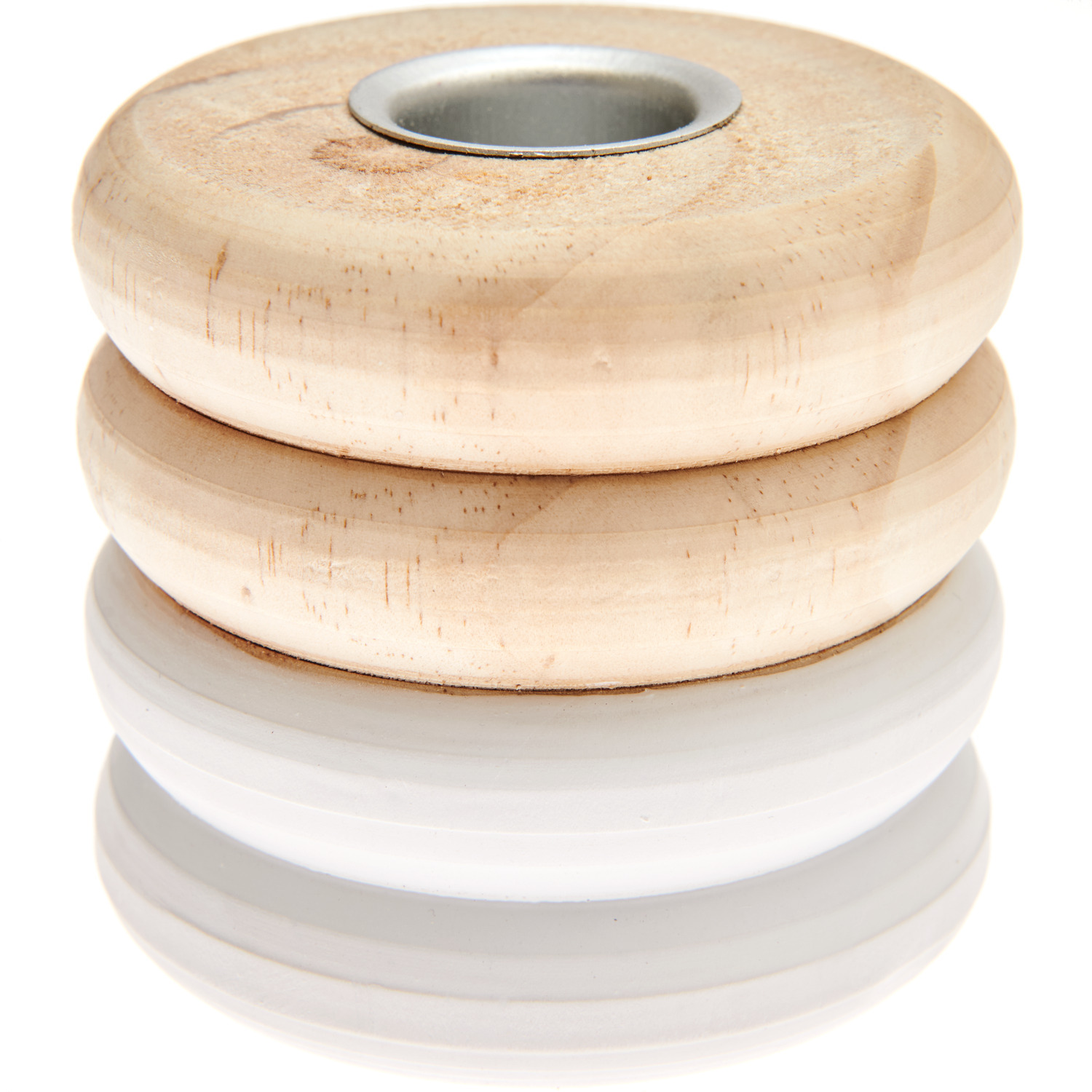 Holz-Kerzenhalter Ringe Weiß von Rico Design, bestehend aus drei gestapelten Holzringen, Ø7,5cm.