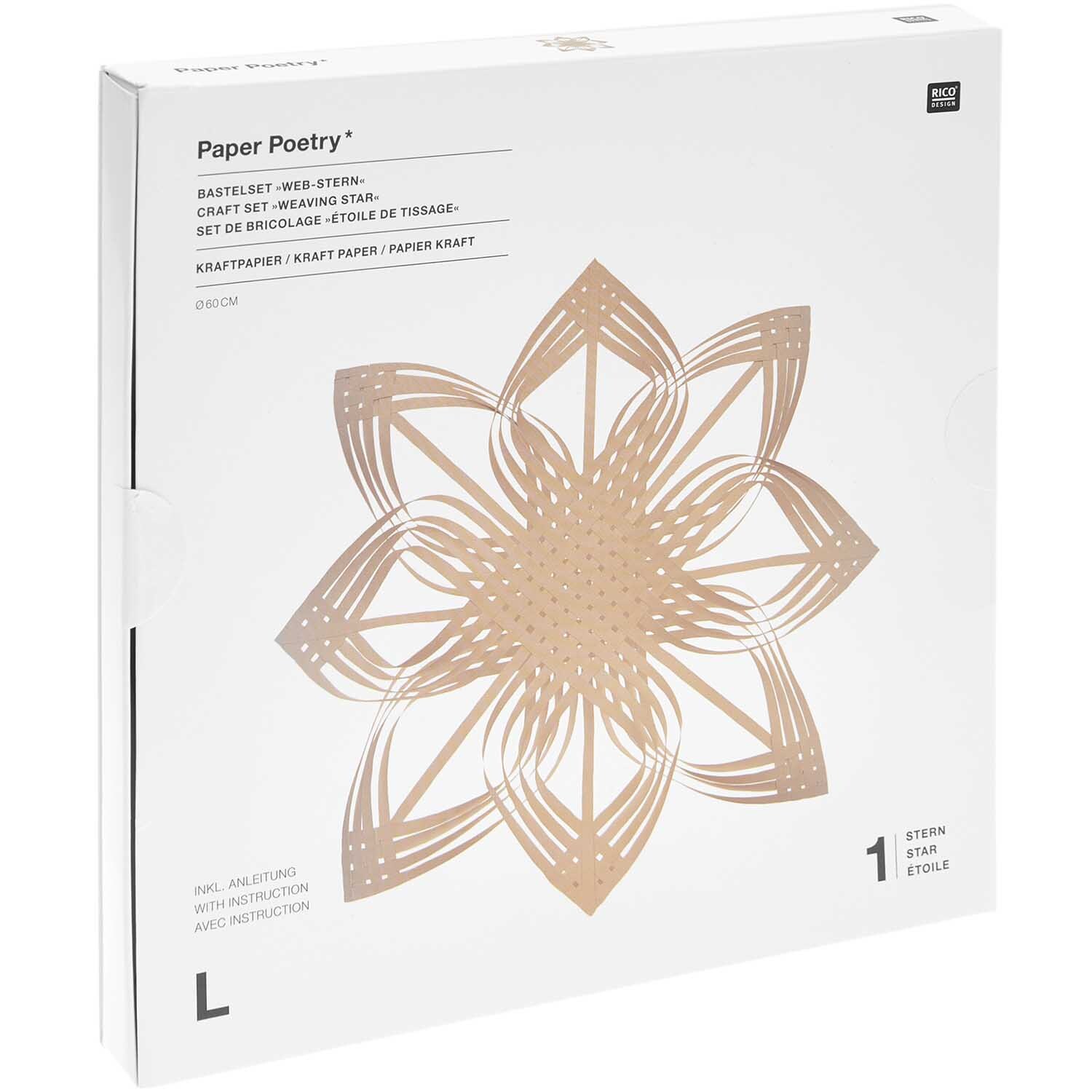 Paper Poetry Web-Stern Größe L aus Kraftpapier von Rico Design, zeigt ein kunstvolles, sternförmiges Design auf der Verpackung.
